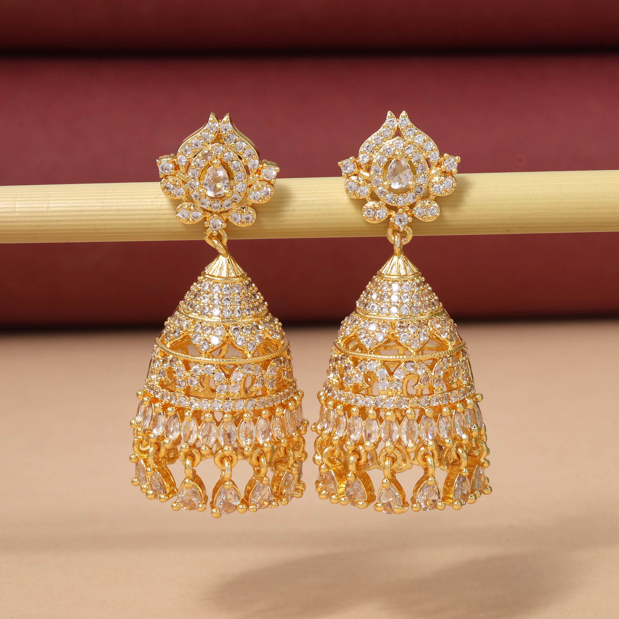 Gold Color Beautiful Stone Studded American Diamond Earrings For Party And Bridal Look