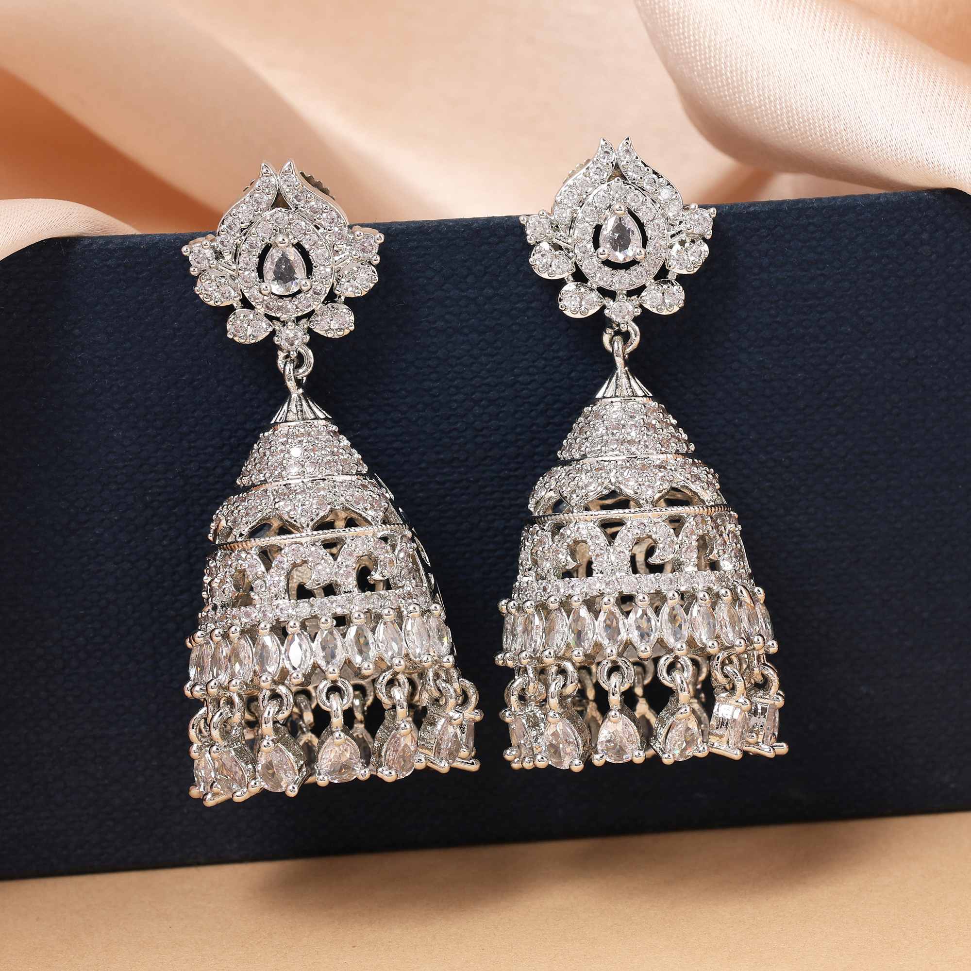 Silver Color Premium Sparkling American Diamond Earrings For Modern Fashion Jewelry