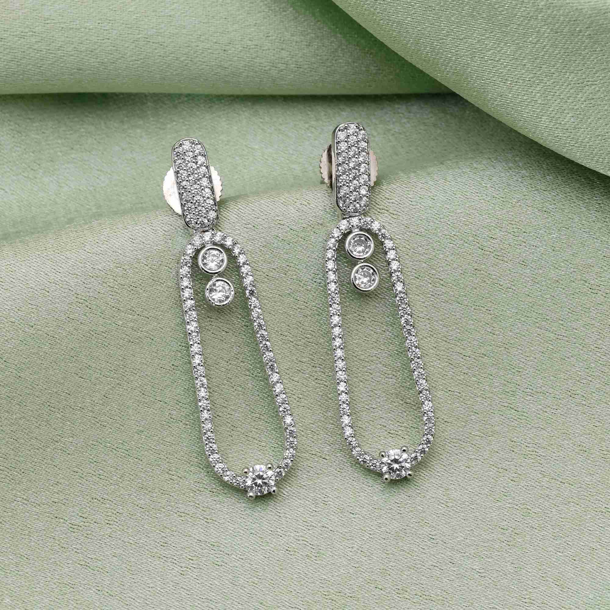 Silver Color Classic Bridal American Diamond Earrings For Elegant Wedding Style
