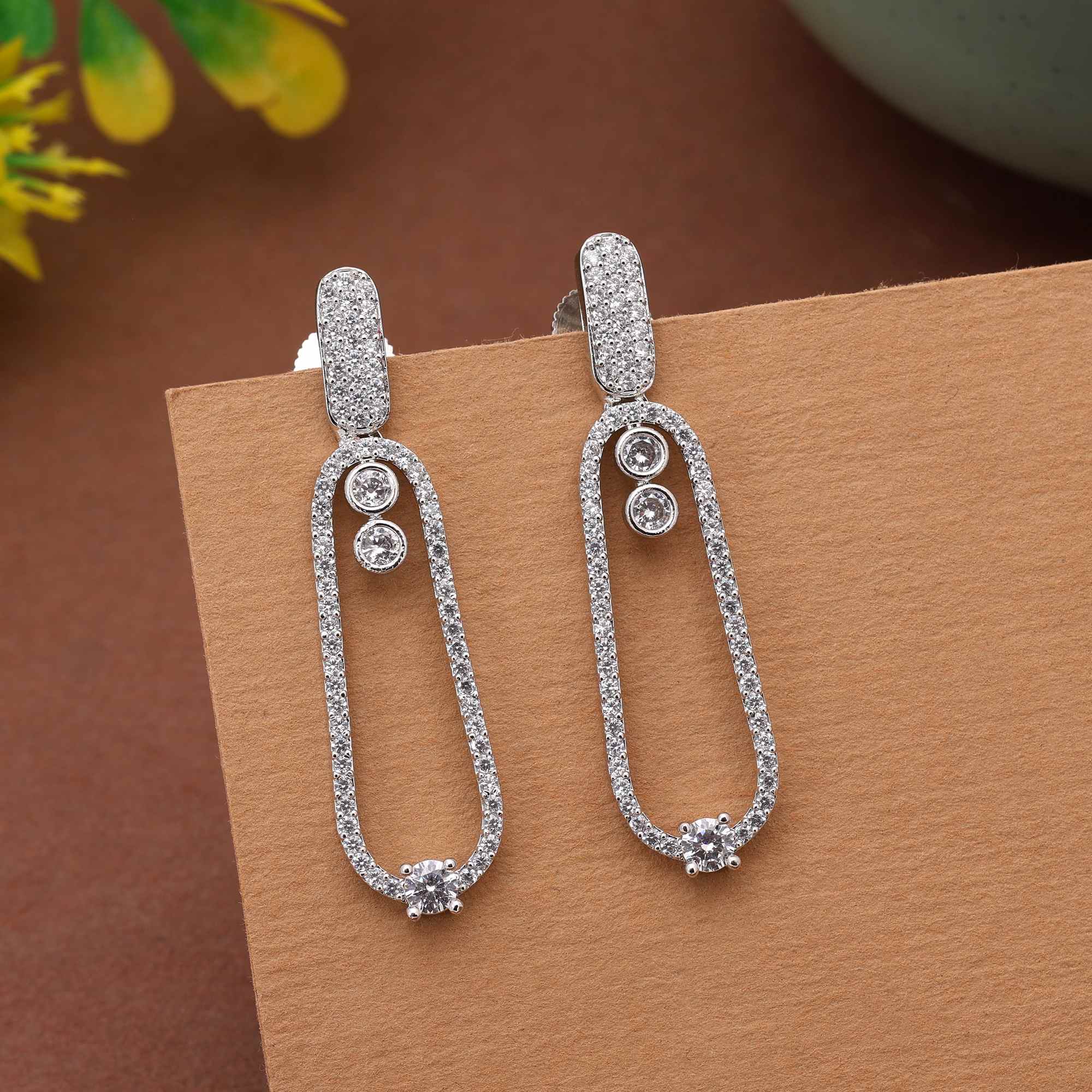 Silver Color Classic Bridal American Diamond Earrings For Elegant Wedding Style