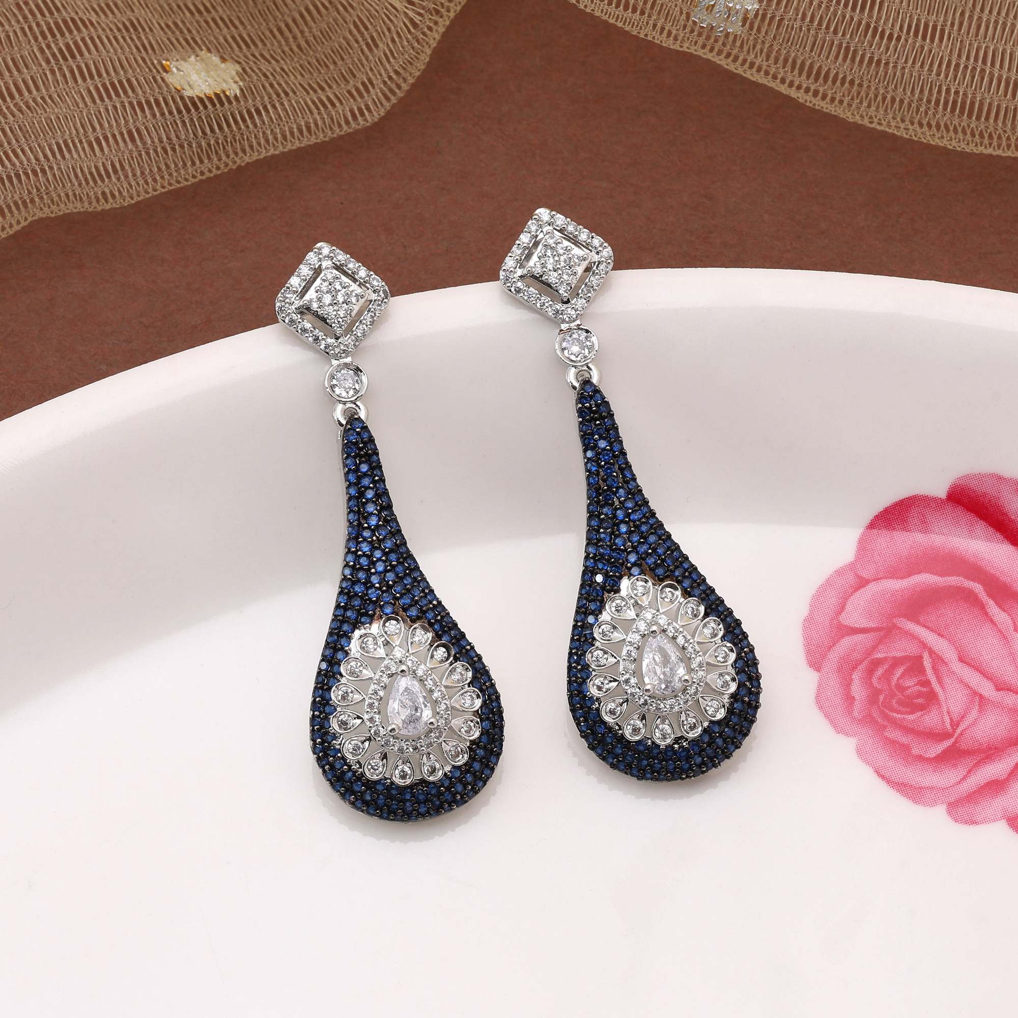 Blue Color Stunning Designer American Diamond Earrings For Wedding And Party Outfits
