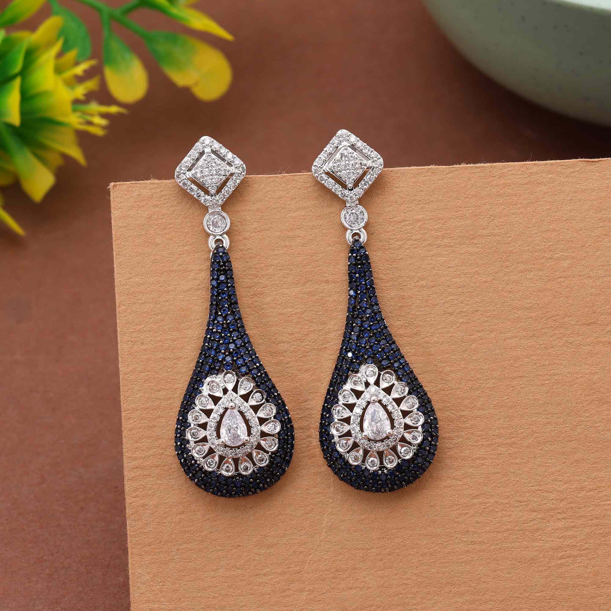 Blue Color Stunning Designer American Diamond Earrings For Wedding And Party Outfits