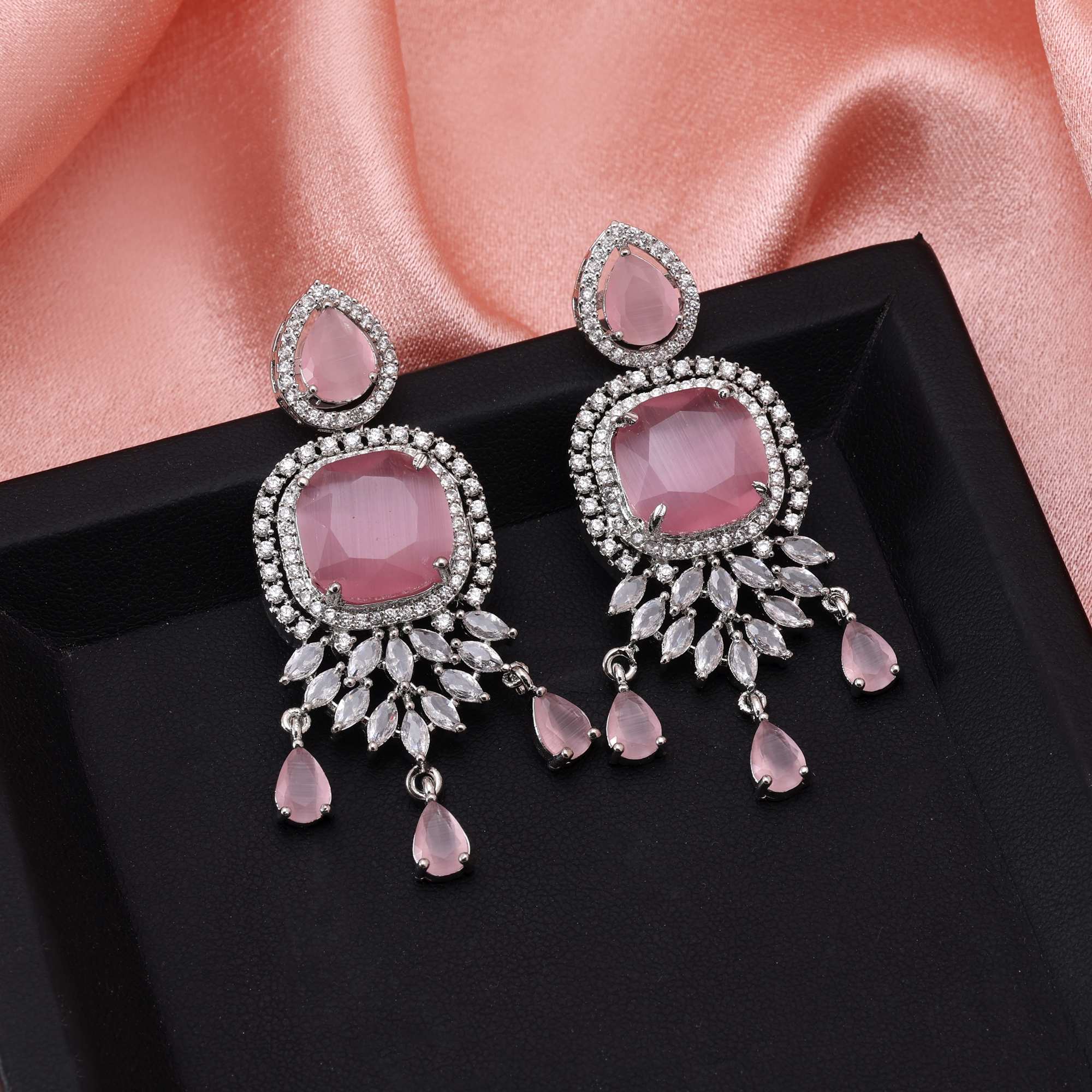 Pink Color Beautiful Round Cut American Diamond Earrings For Women’S Party Fashion