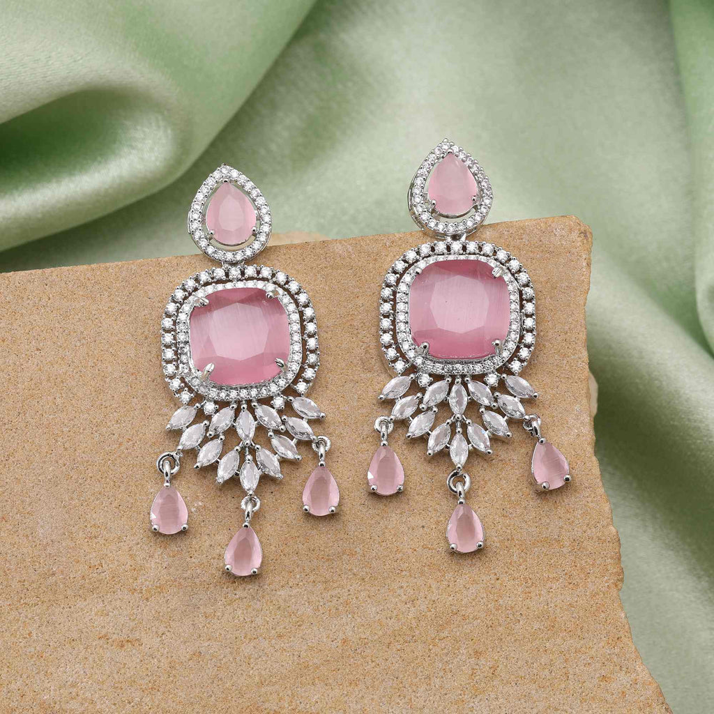 Pink Color Beautiful Round Cut American Diamond Earrings For Women’S Party Fashion