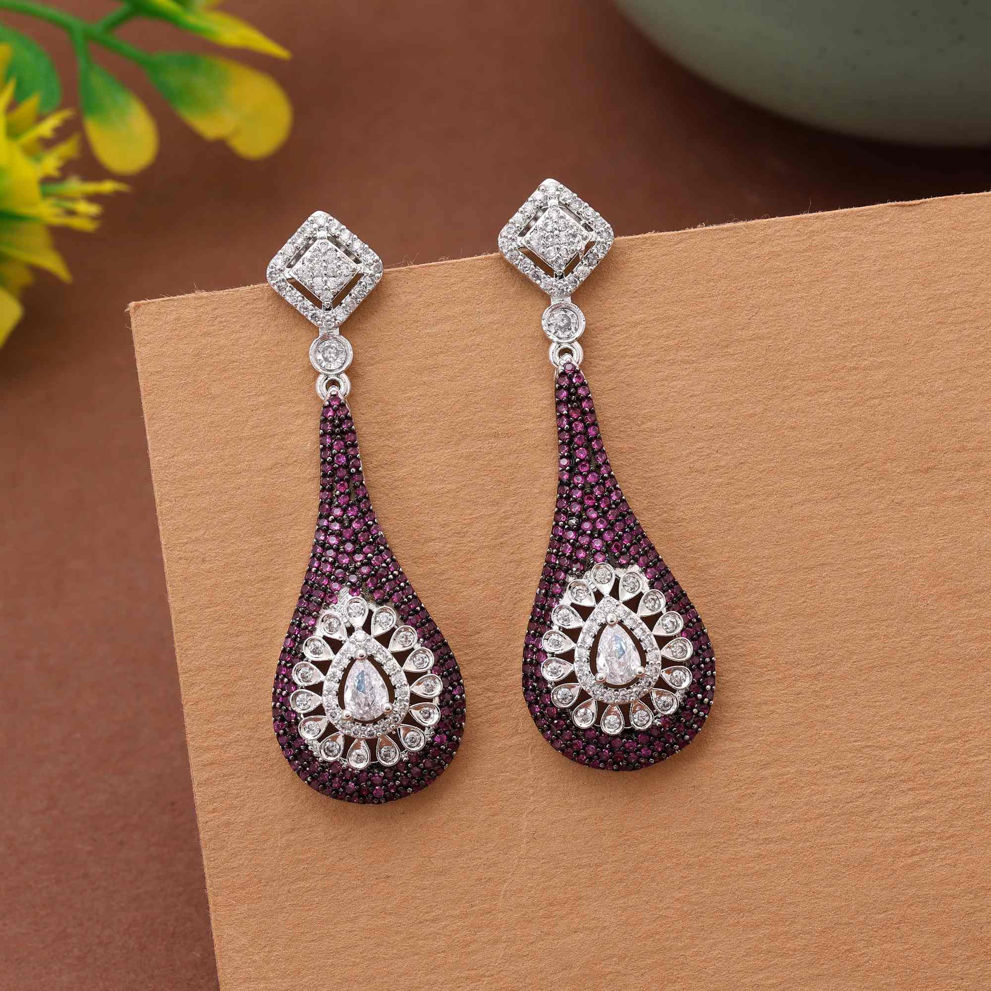 Light Purple Color Elegant Stone American Diamond Earrings For Women’S Festive Look