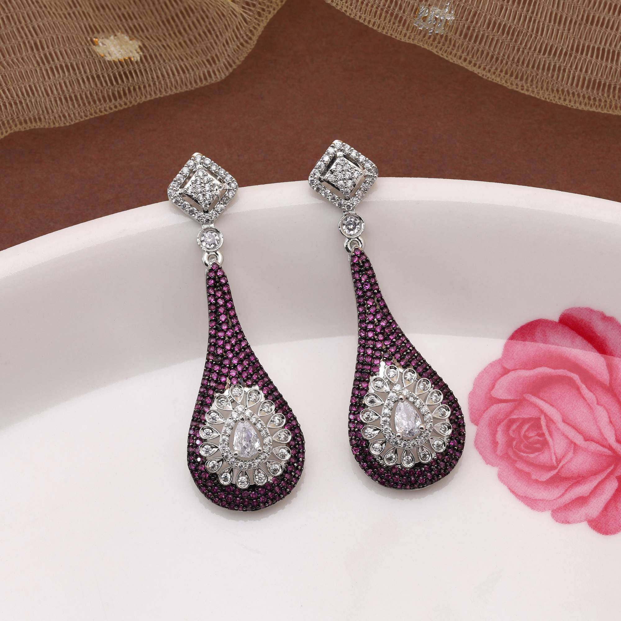 Light Purple Color Elegant Stone American Diamond Earrings For Women’S Festive Look