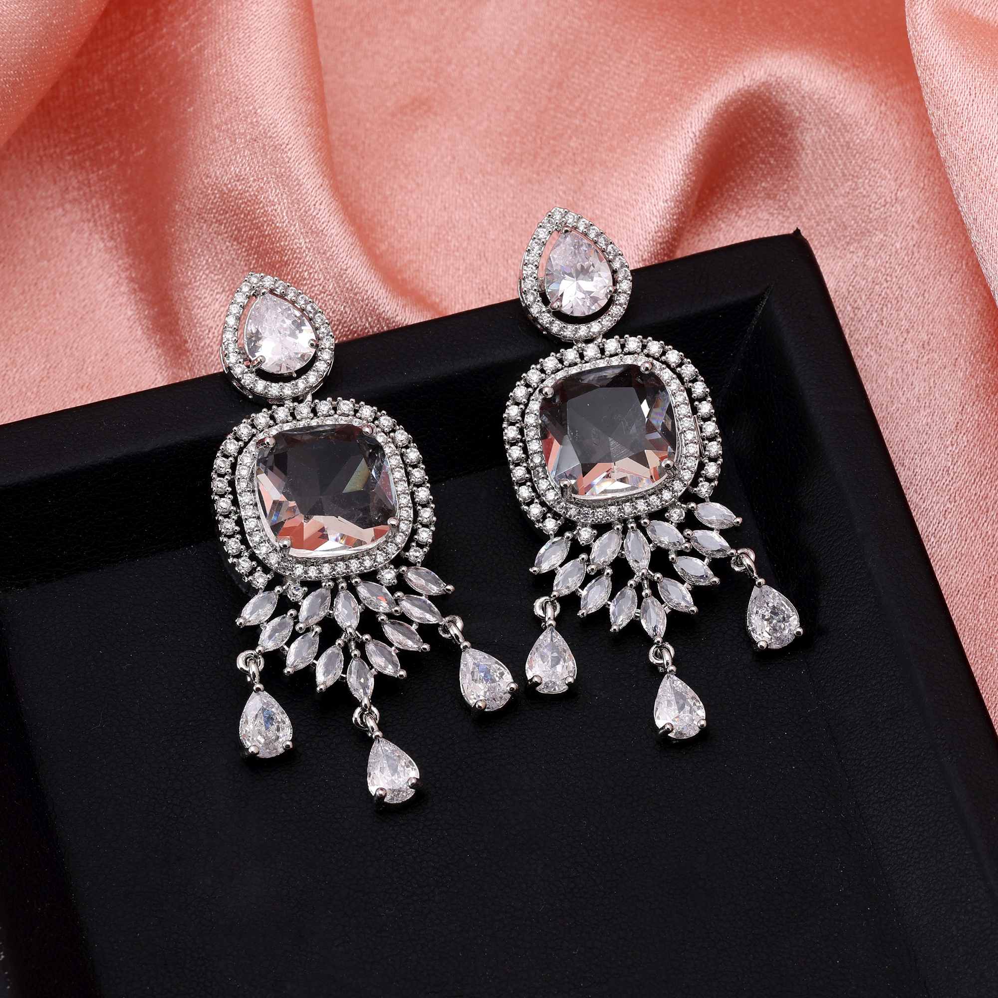 Silver Color Stylish Stone Embellished American Diamond Earrings For Every Occasion