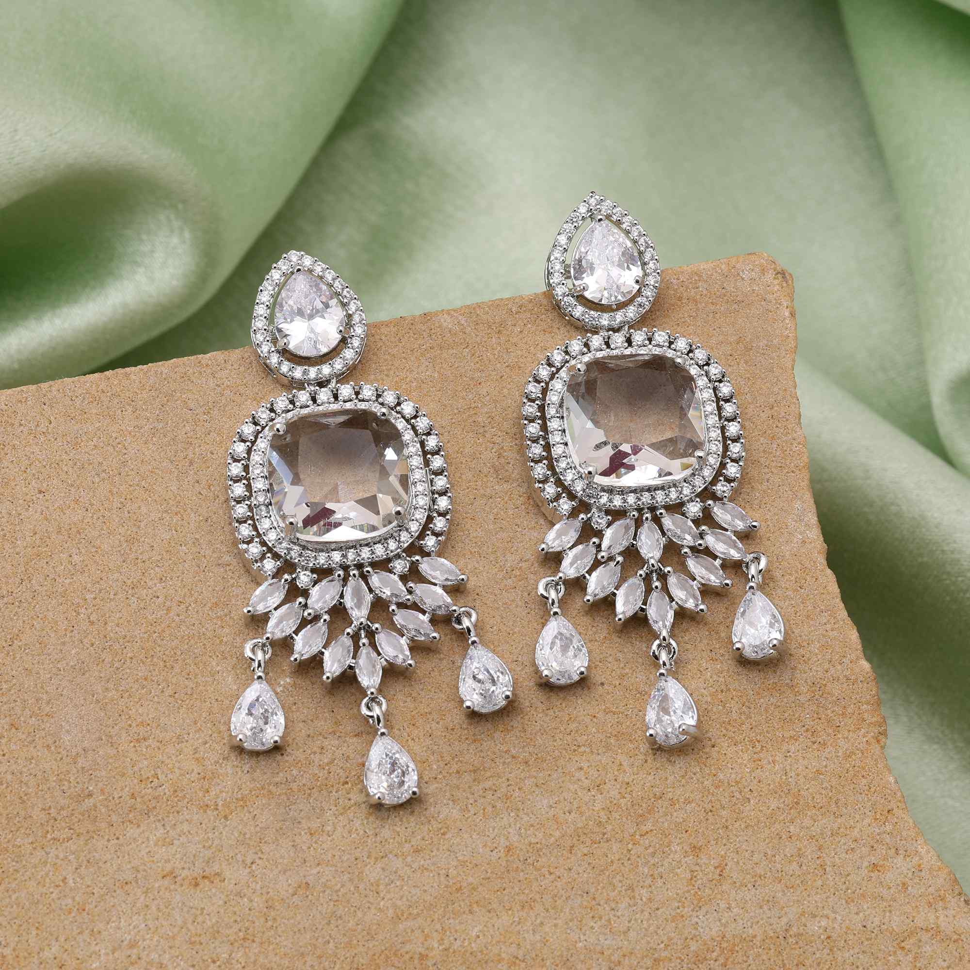 Silver Color Stylish Stone Embellished American Diamond Earrings For Every Occasion