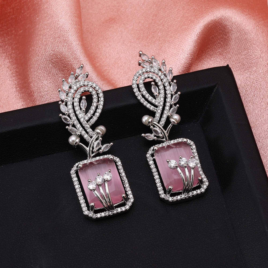 Pink Color Glamorous Shine American Diamond Earrings For Bridesmaids And Festive Wear