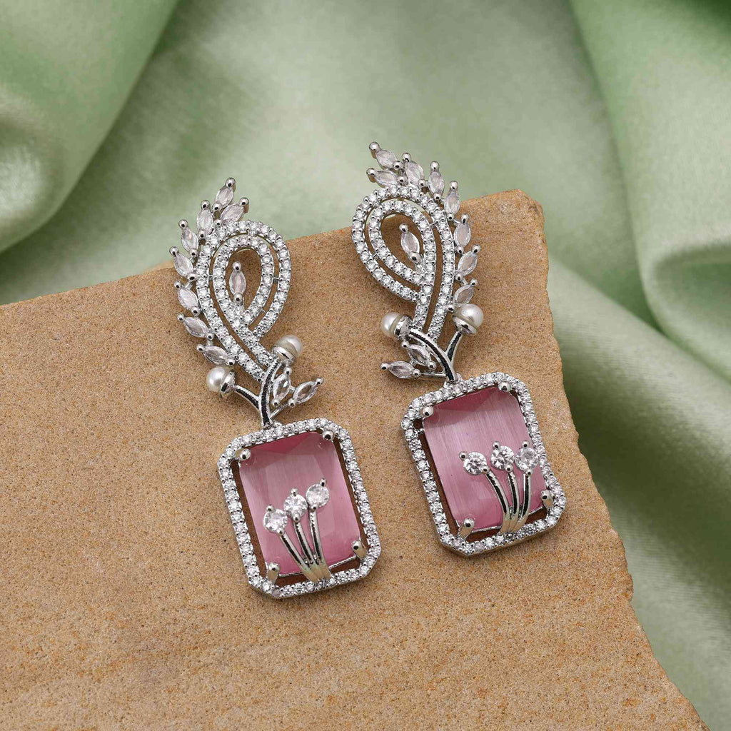 Pink Color Glamorous Shine American Diamond Earrings For Bridesmaids And Festive Wear