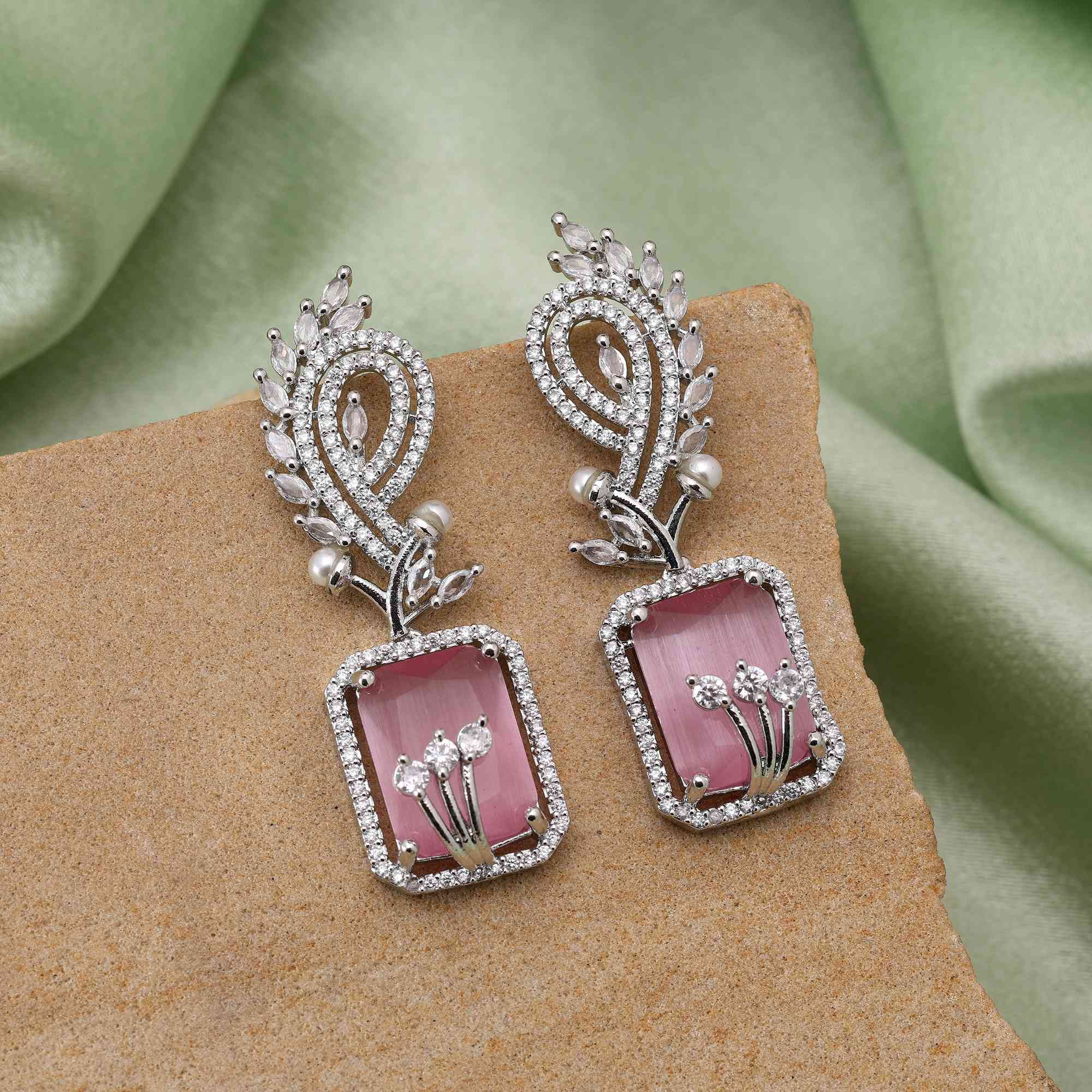 Pink Color Glamorous Shine American Diamond Earrings For Bridesmaids And Festive Wear