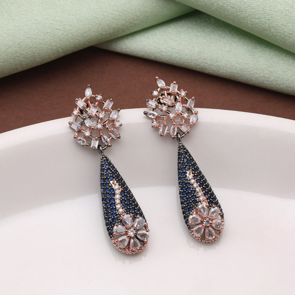 Blue Color Classic Party Wear American Diamond Earrings For Brides And Celebrations