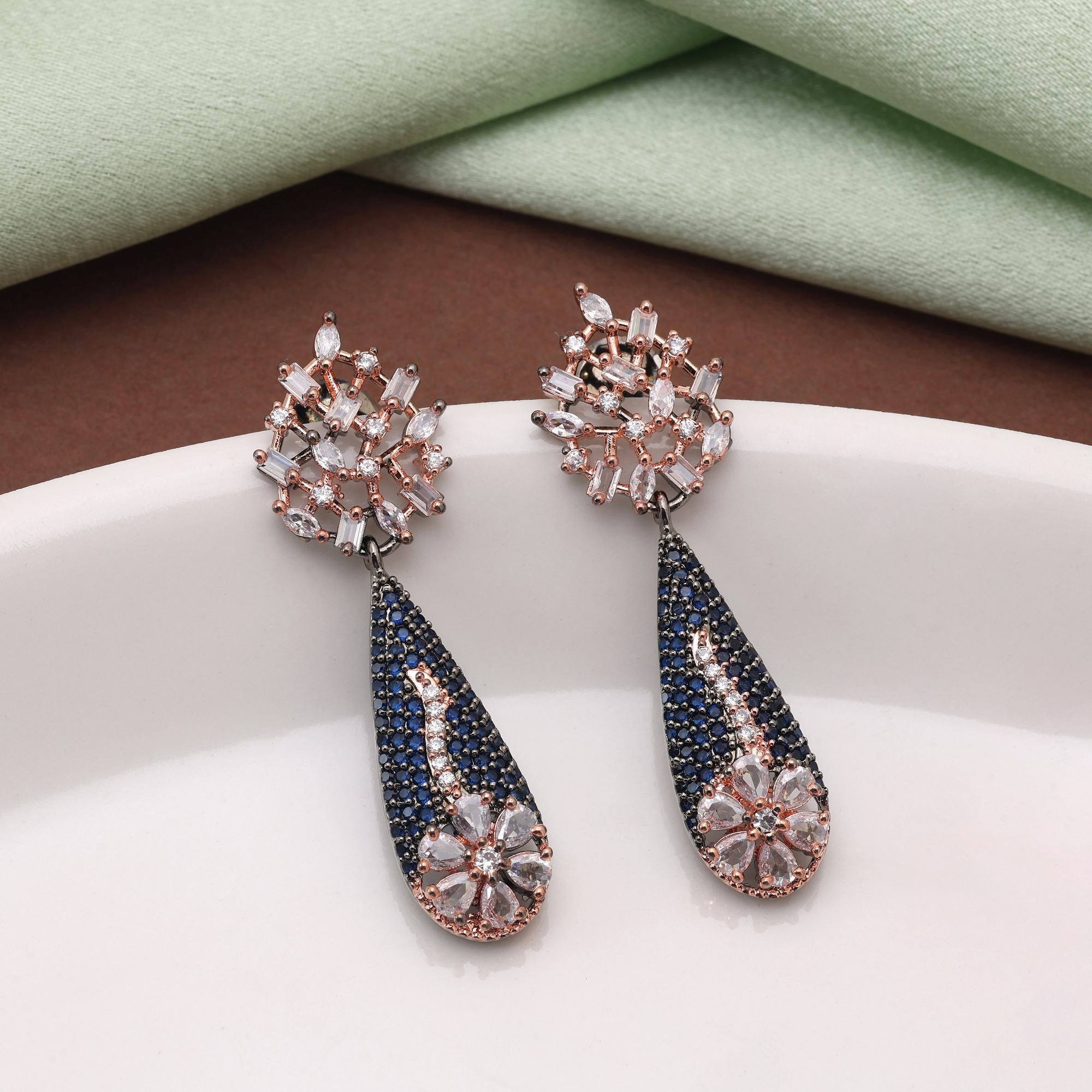 Blue Color Classic Party Wear American Diamond Earrings For Brides And Celebrations