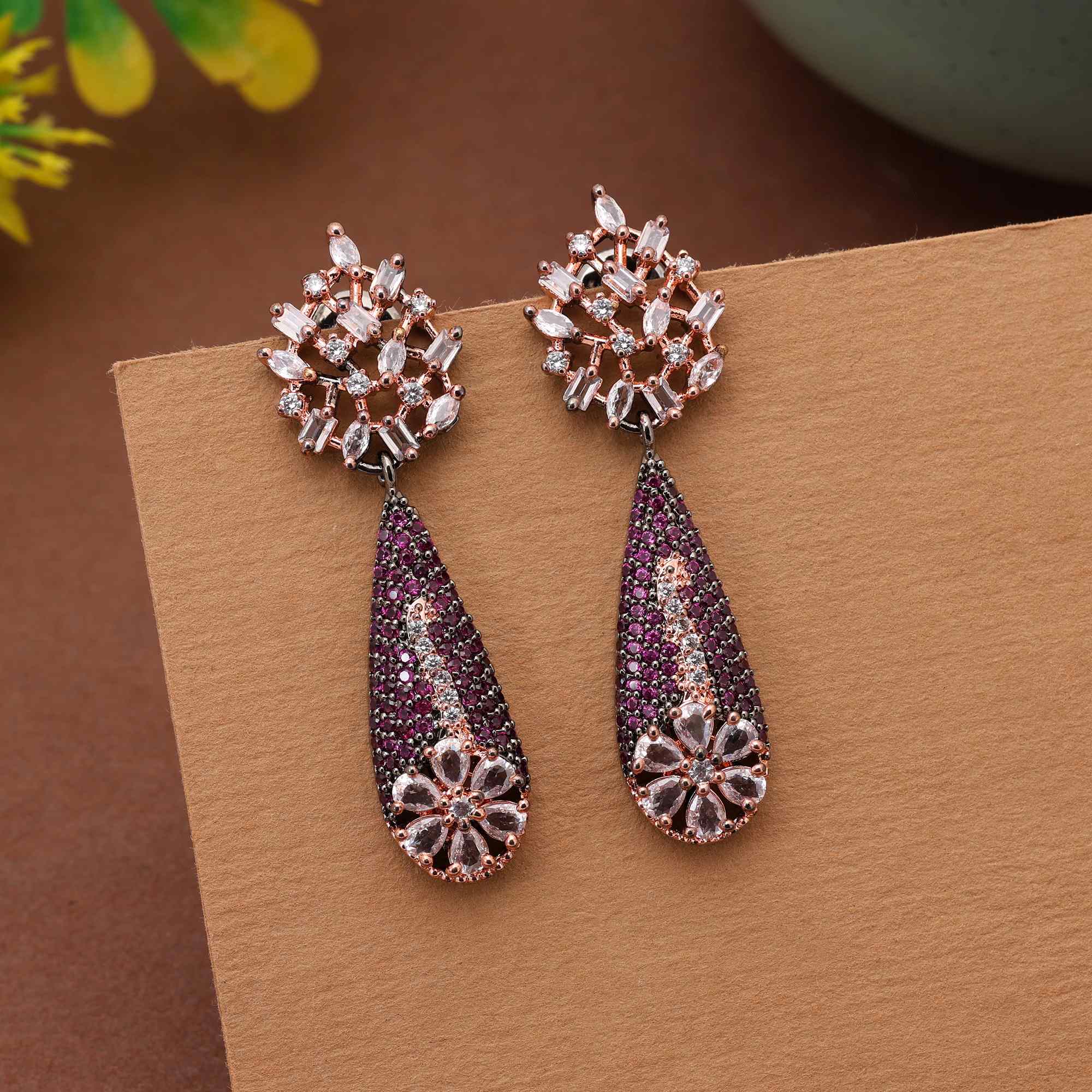 Light Purple Color Chic Designer American Diamond Earrings For Modern And Festive Style