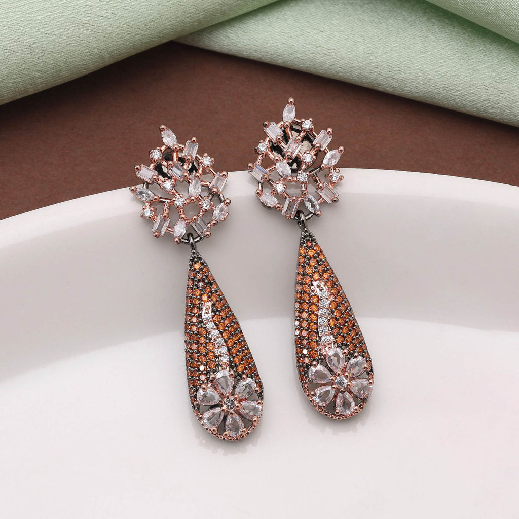 Orange Color Trendy Sparkling American Diamond Earrings For Wedding And Fashion Look