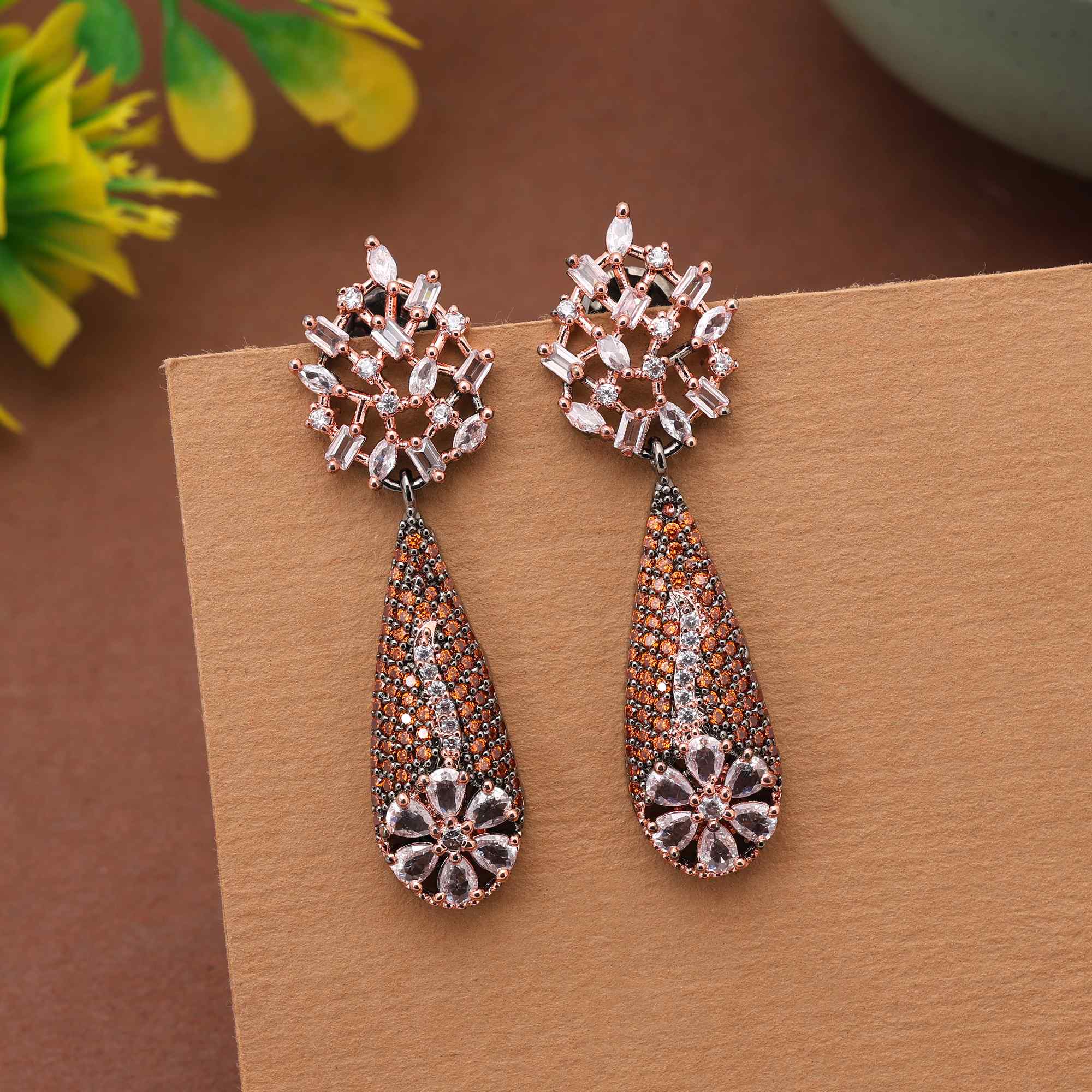 Orange Color Trendy Sparkling American Diamond Earrings For Wedding And Fashion Look