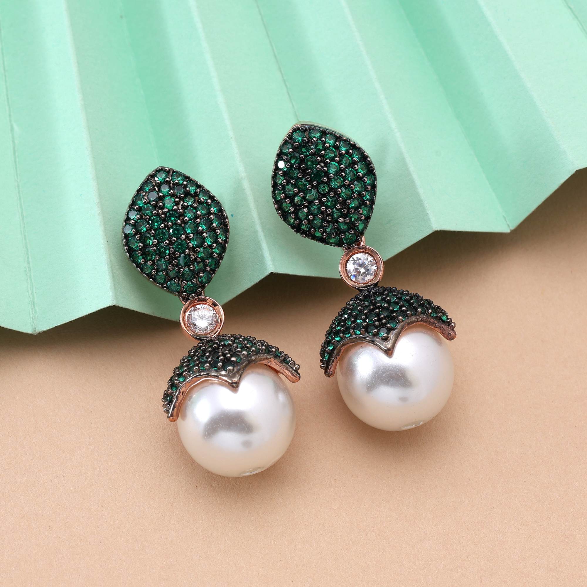 Green Color Classic Floral Style American Diamond Earrings For Brides And Party Looks