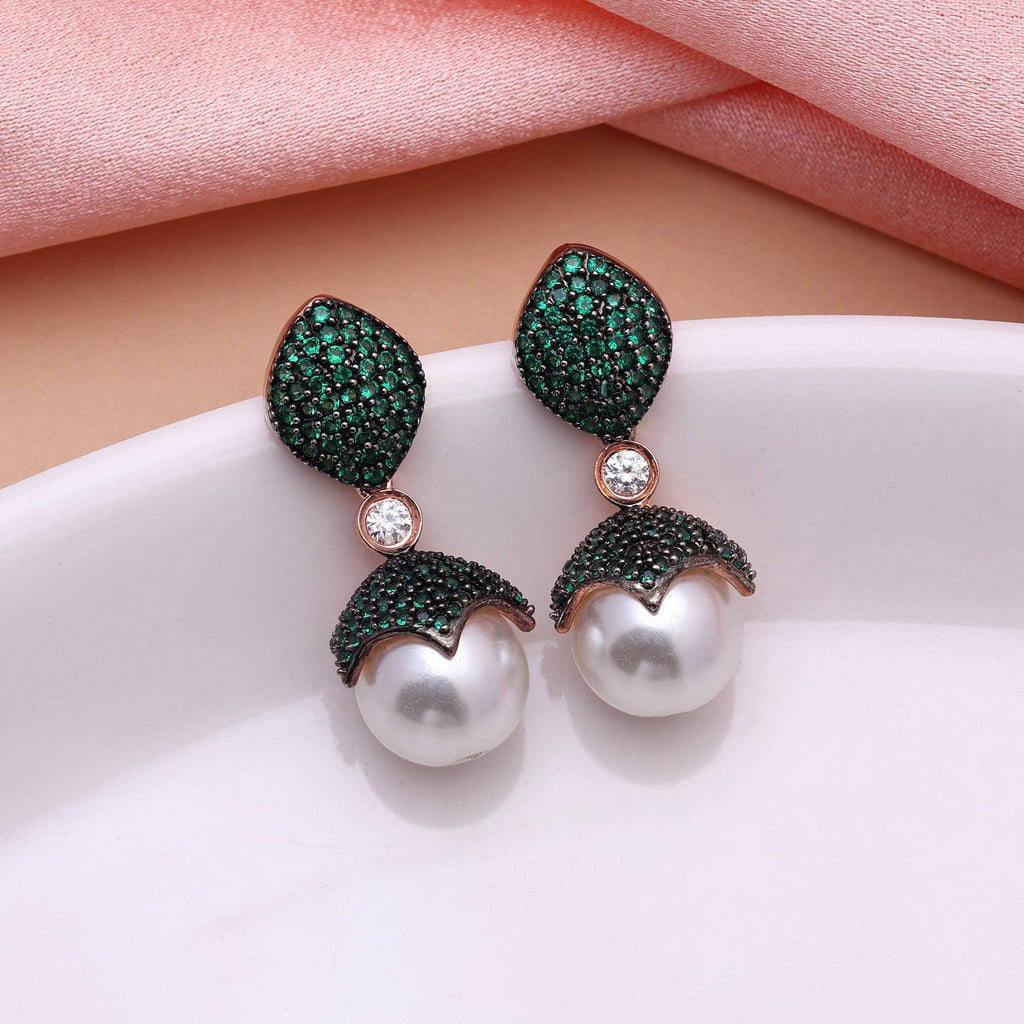 Green Color Classic Floral Style American Diamond Earrings For Brides And Party Looks