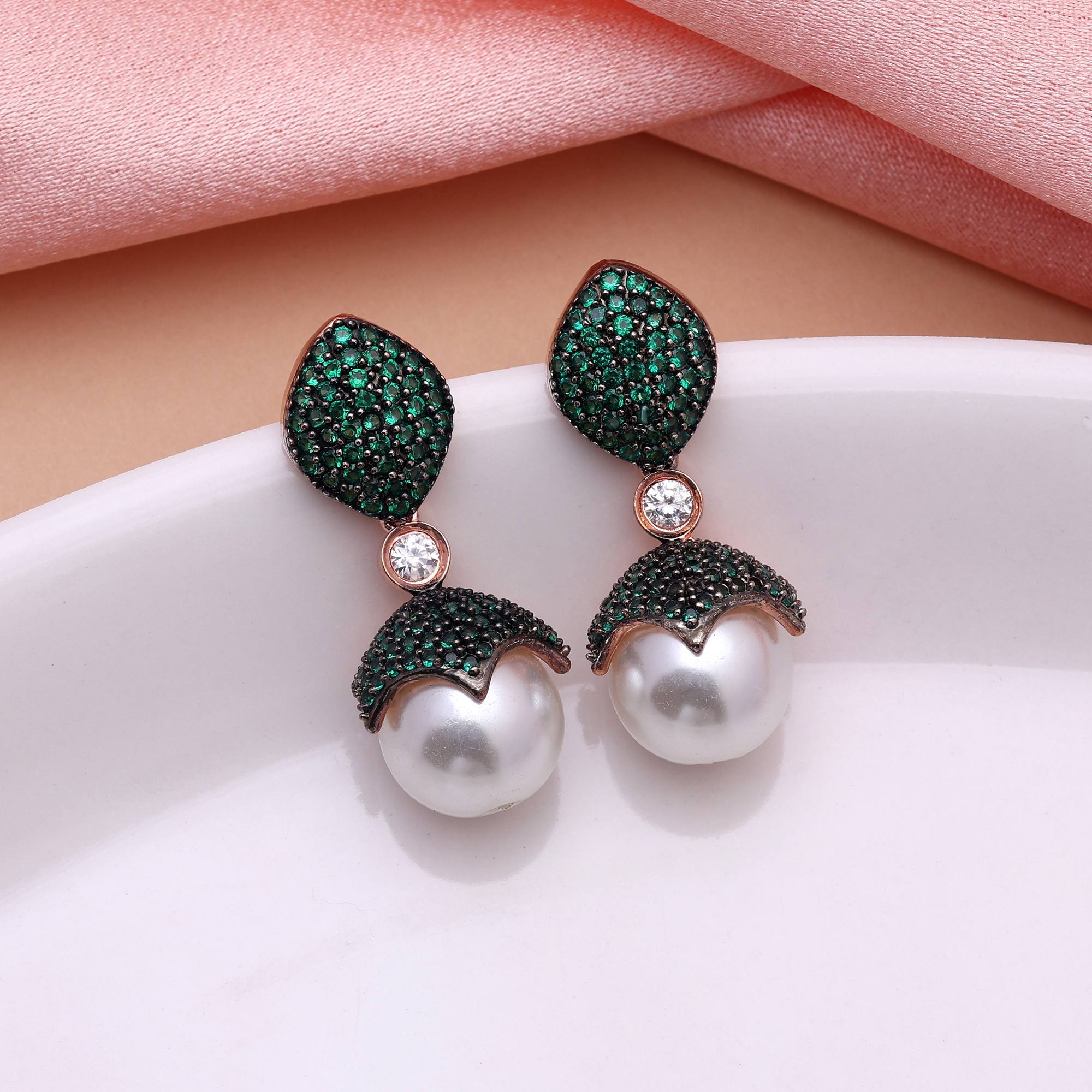 Green Color Classic Floral Style American Diamond Earrings For Brides And Party Looks