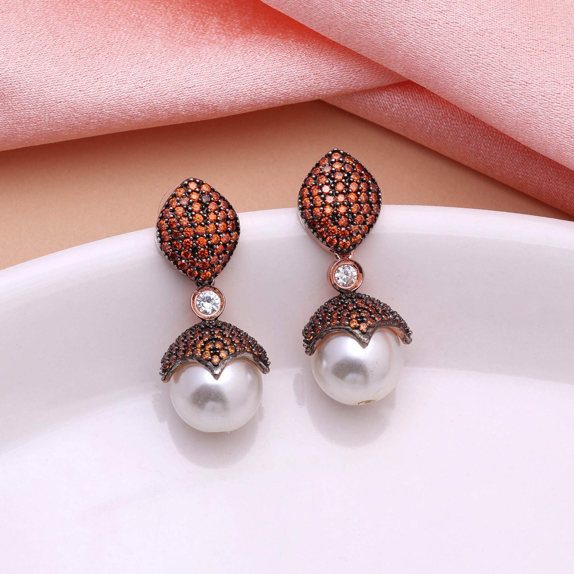 Orange Color Vibrant Designer American Diamond Earrings For Festive And Wedding Attire