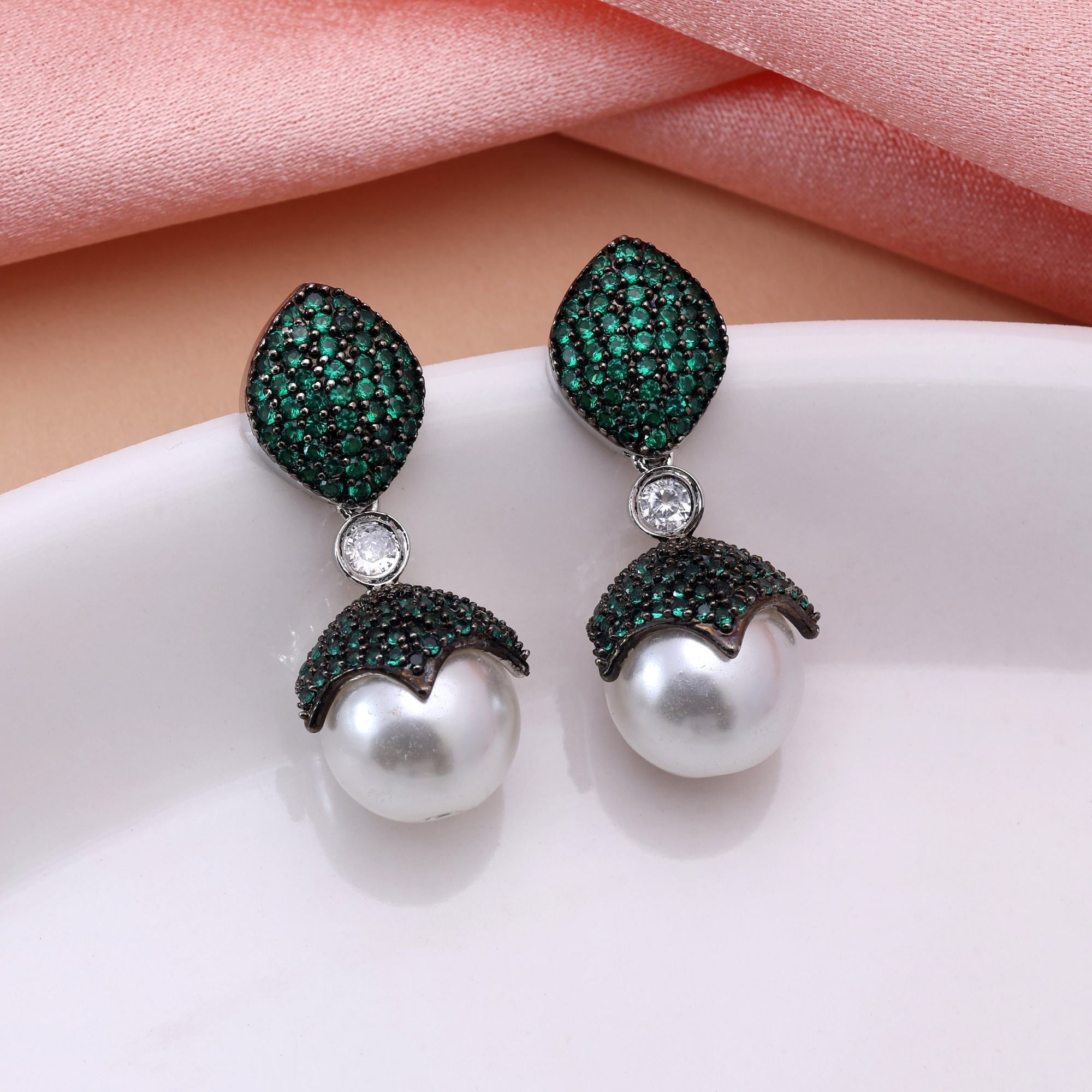 Green Color Sparkling Round American Diamond Earrings For Brides And Fashion Lovers