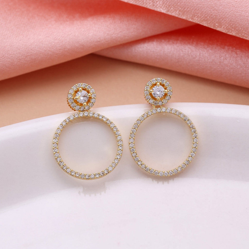 Gold Color Elegant Stone Work American Diamond Earrings For Traditional Wedding Jewelry