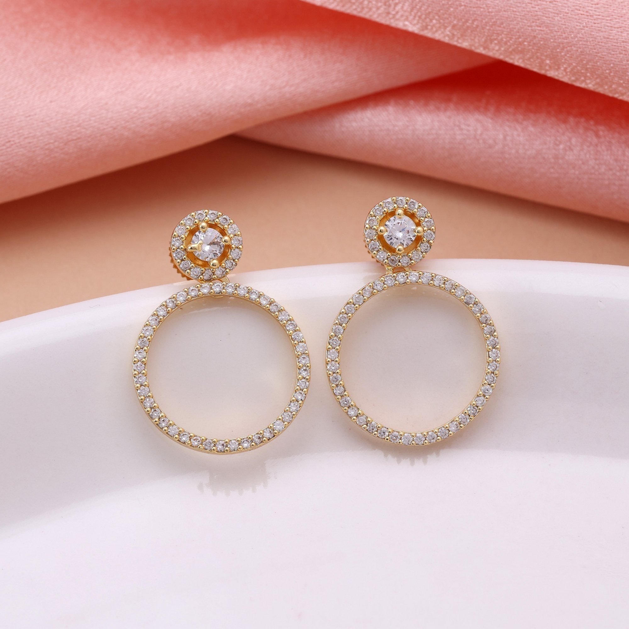 Gold Color Elegant Stone Work American Diamond Earrings For Traditional Wedding Jewelry