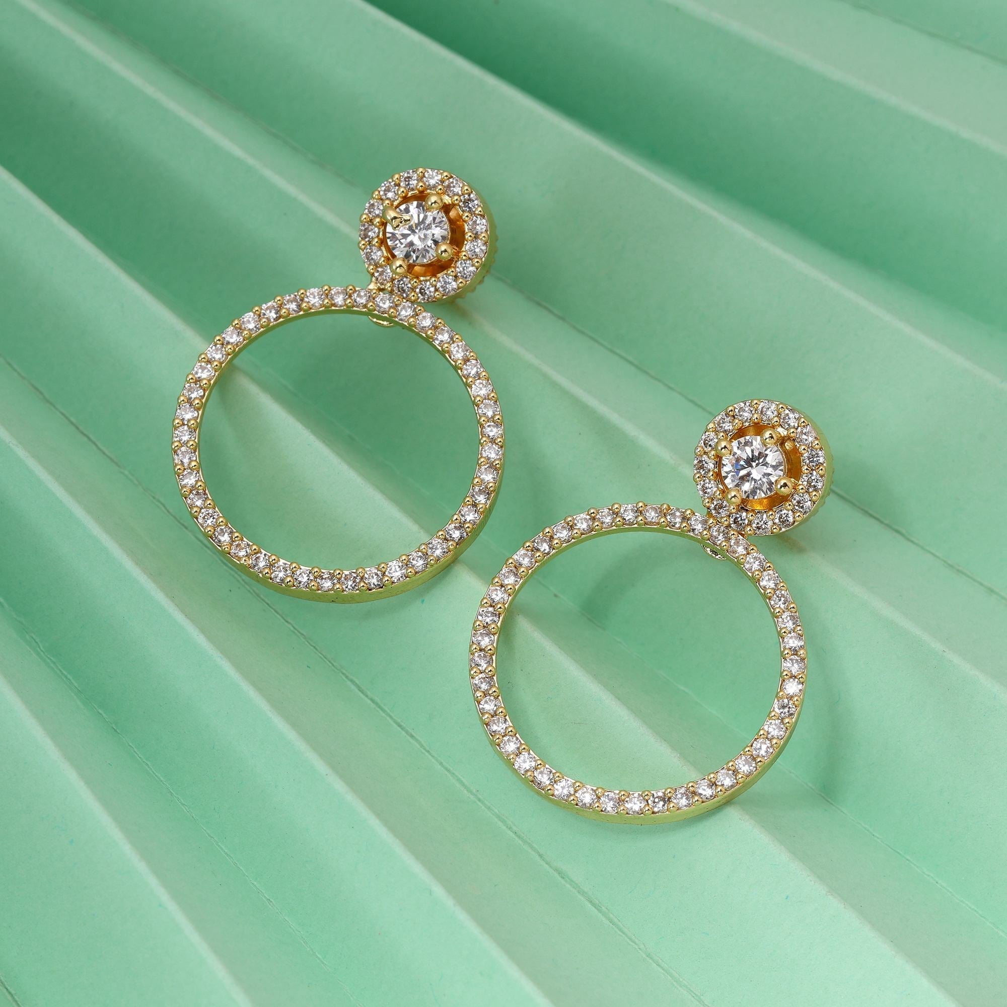 Gold Color Elegant Stone Work American Diamond Earrings For Traditional Wedding Jewelry