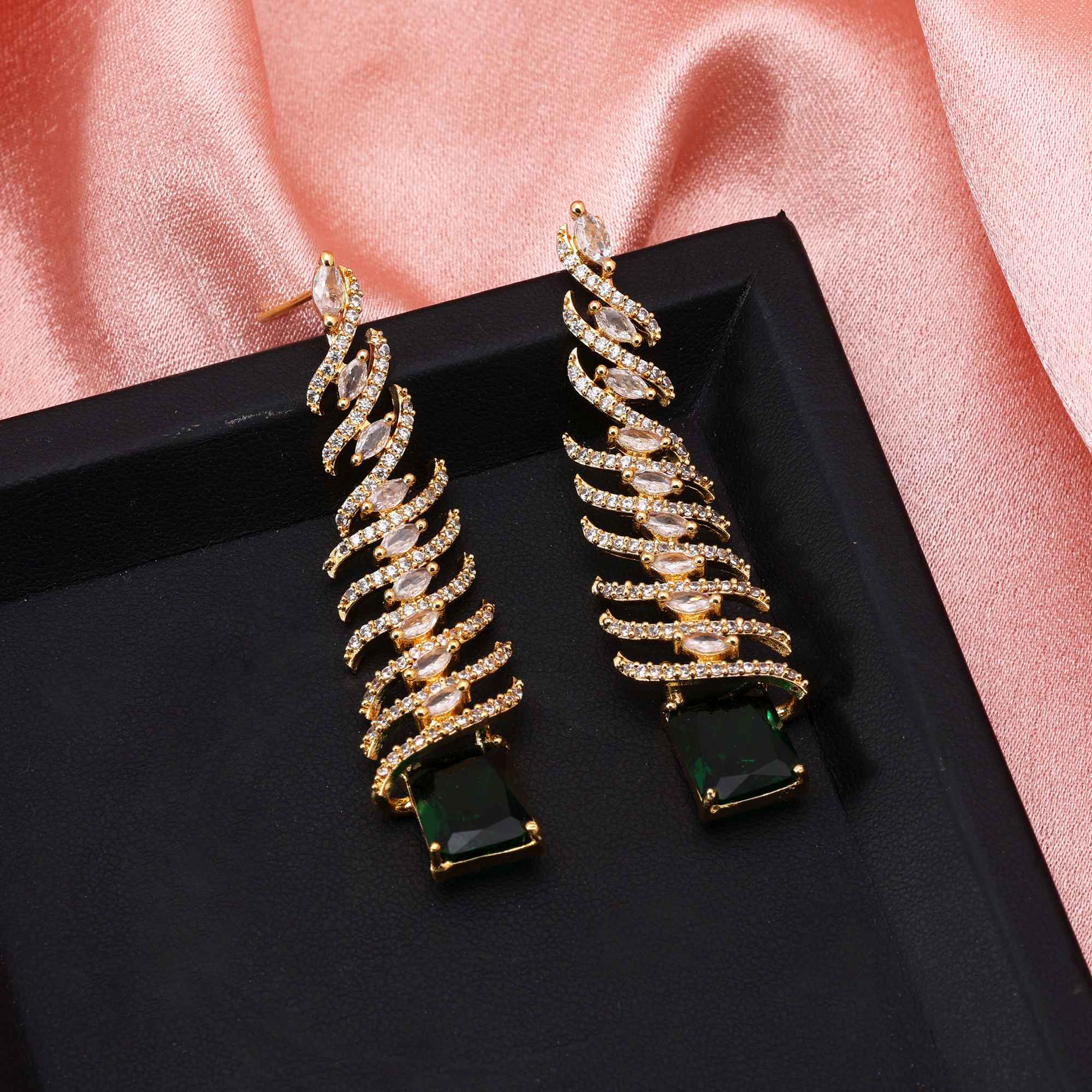 Green Color Shining Designer American Diamond Earrings For Festive And Cultural Events