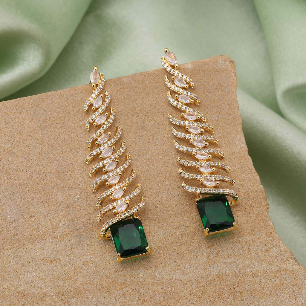 Green Color Shining Designer American Diamond Earrings For Festive And Cultural Events