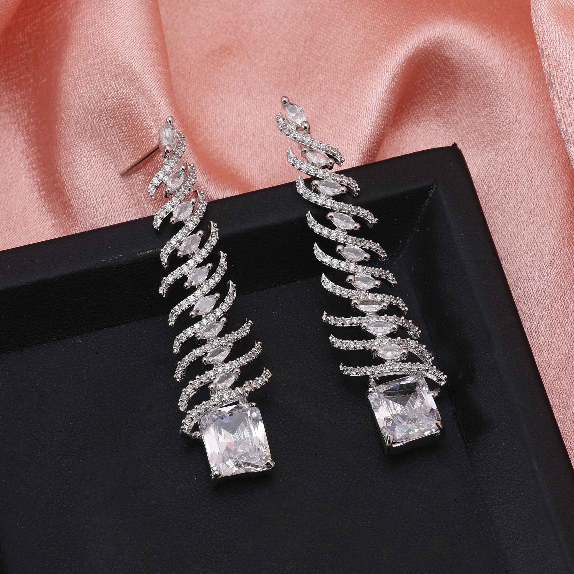 Silver Color Sparkling Shimmer American Diamond Earrings For Elegant Women’S Jewelry