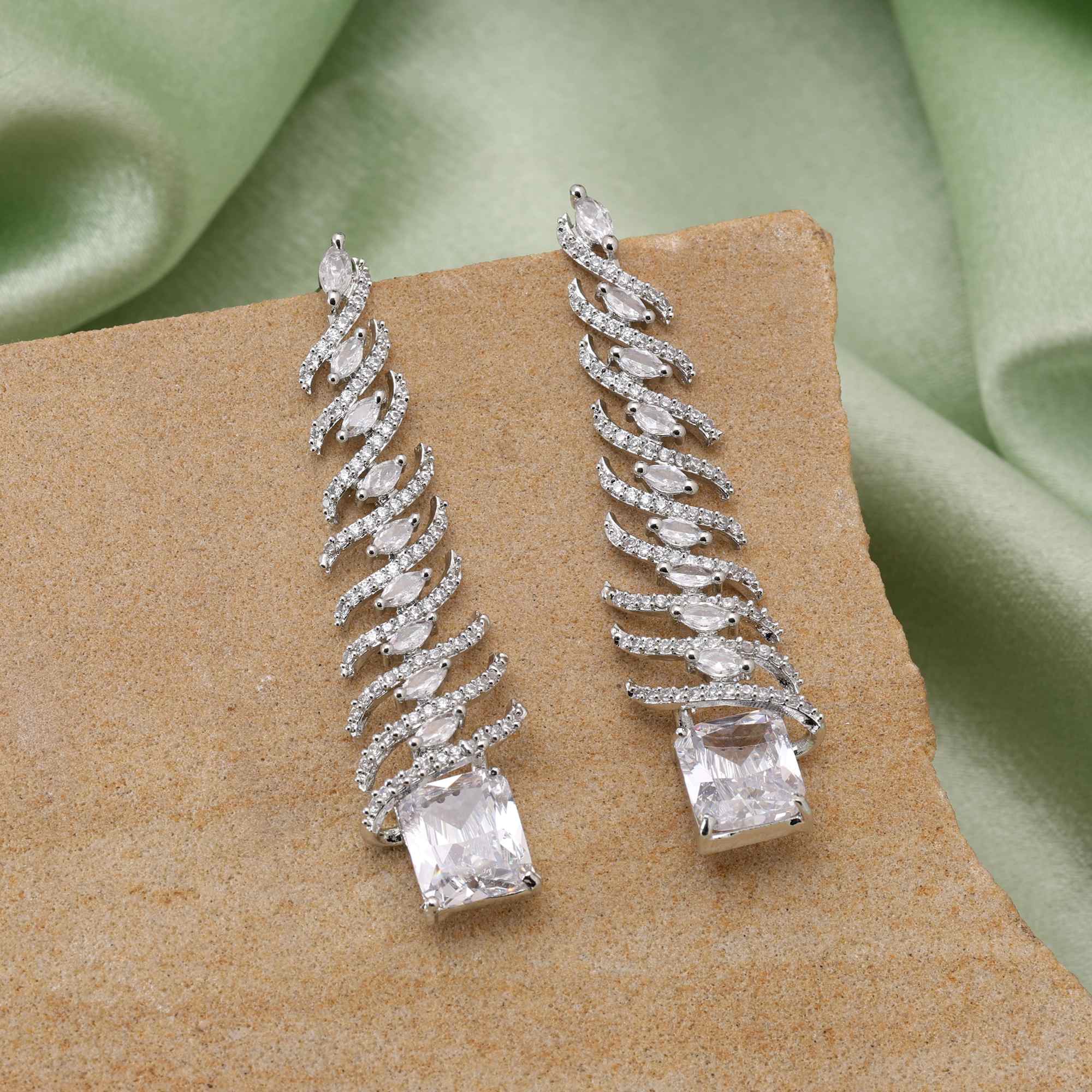 Silver Color Sparkling Shimmer American Diamond Earrings For Elegant Women’S Jewelry