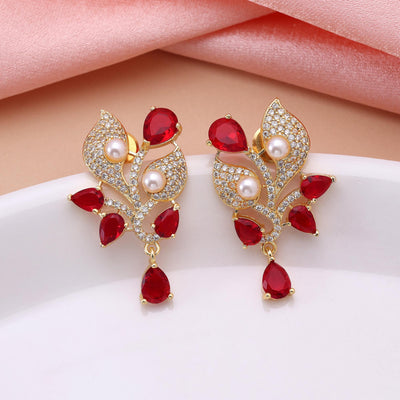 Red Color Bright Stone American Diamond Earrings For Brides And Traditional Occasions