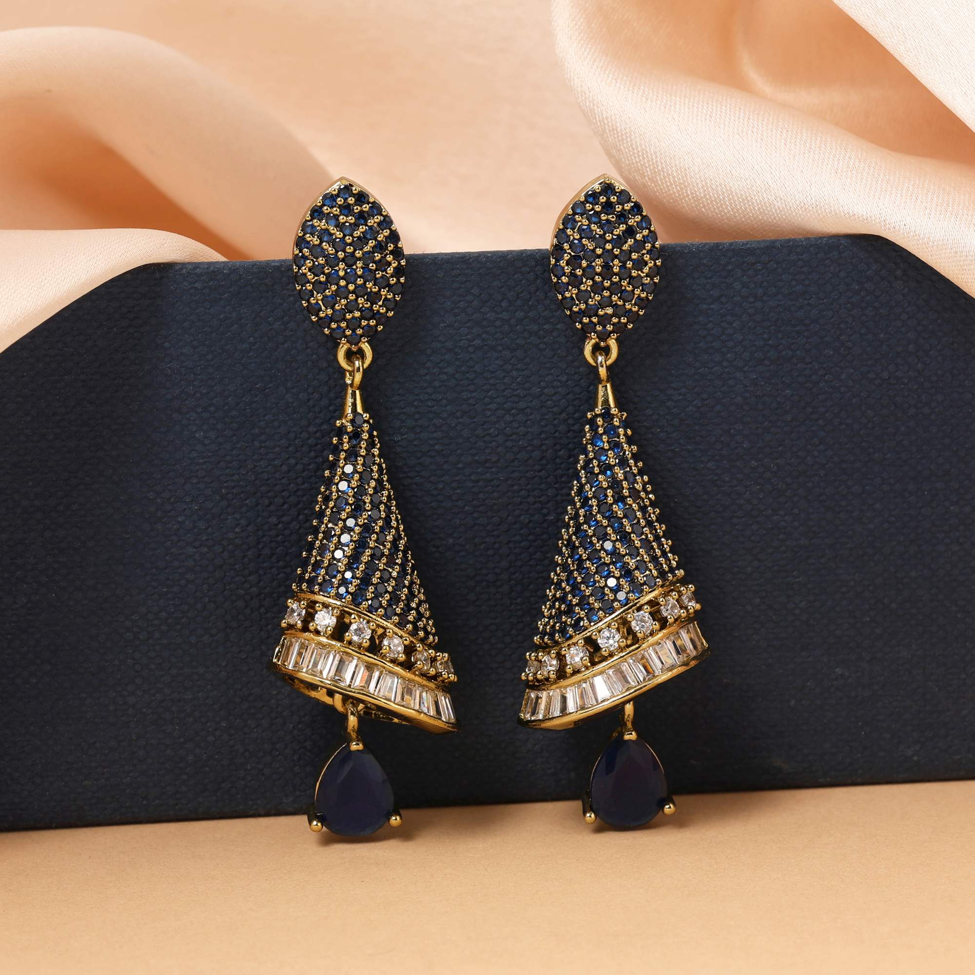 Blue Color Radiant Stone American Diamond Earrings For Weddings And Special Occasions