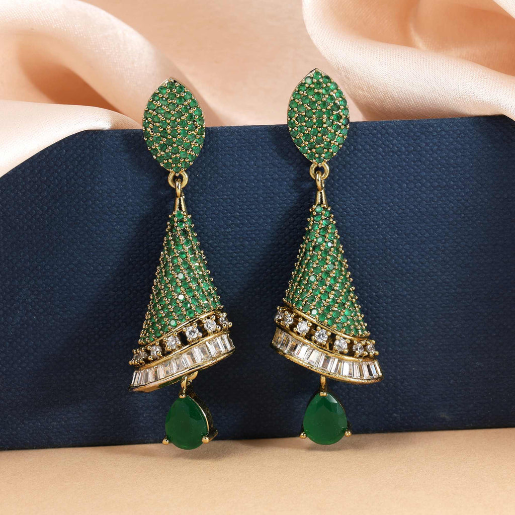 Green Color Unique Leaf Design American Diamond Earrings For Wedding And Party Looks