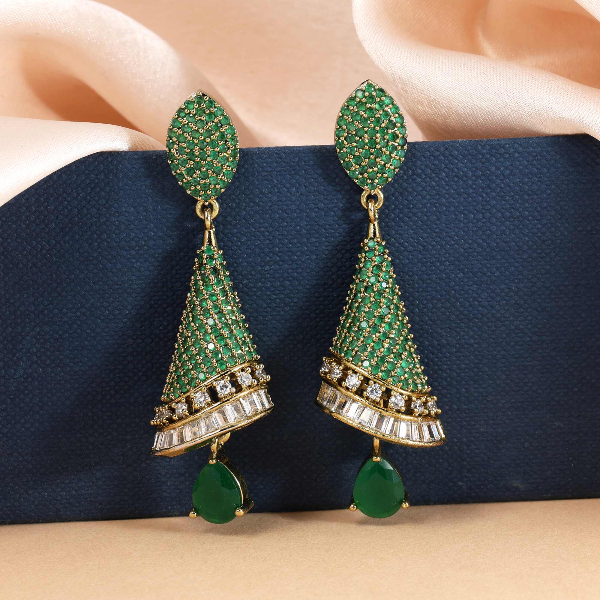 Green Color Unique Leaf Design American Diamond Earrings For Wedding And Party Looks