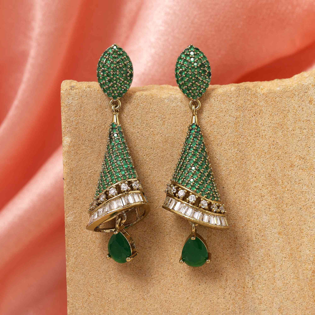 Green Color Unique Leaf Design American Diamond Earrings For Wedding And Party Looks