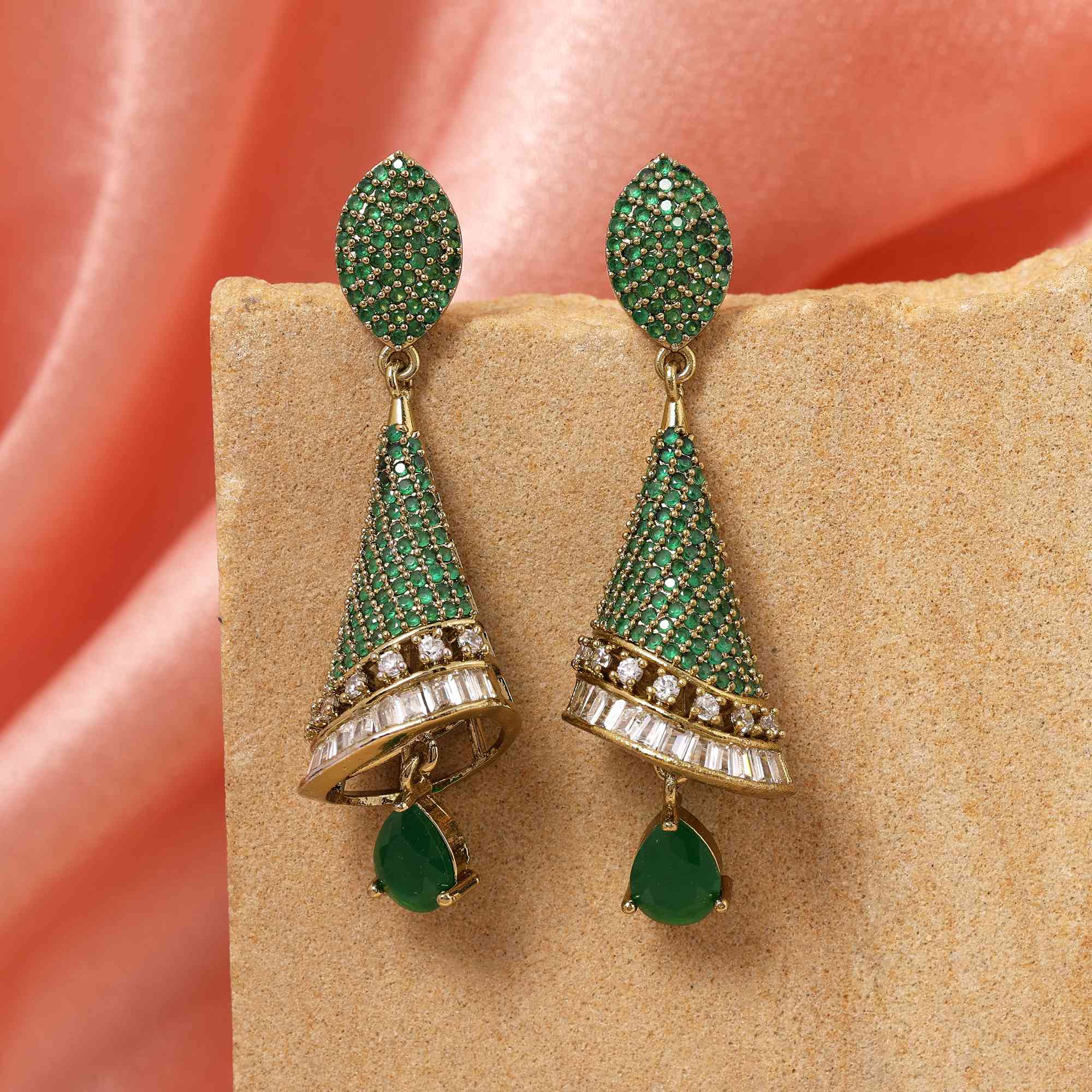 Green Color Unique Leaf Design American Diamond Earrings For Wedding And Party Looks