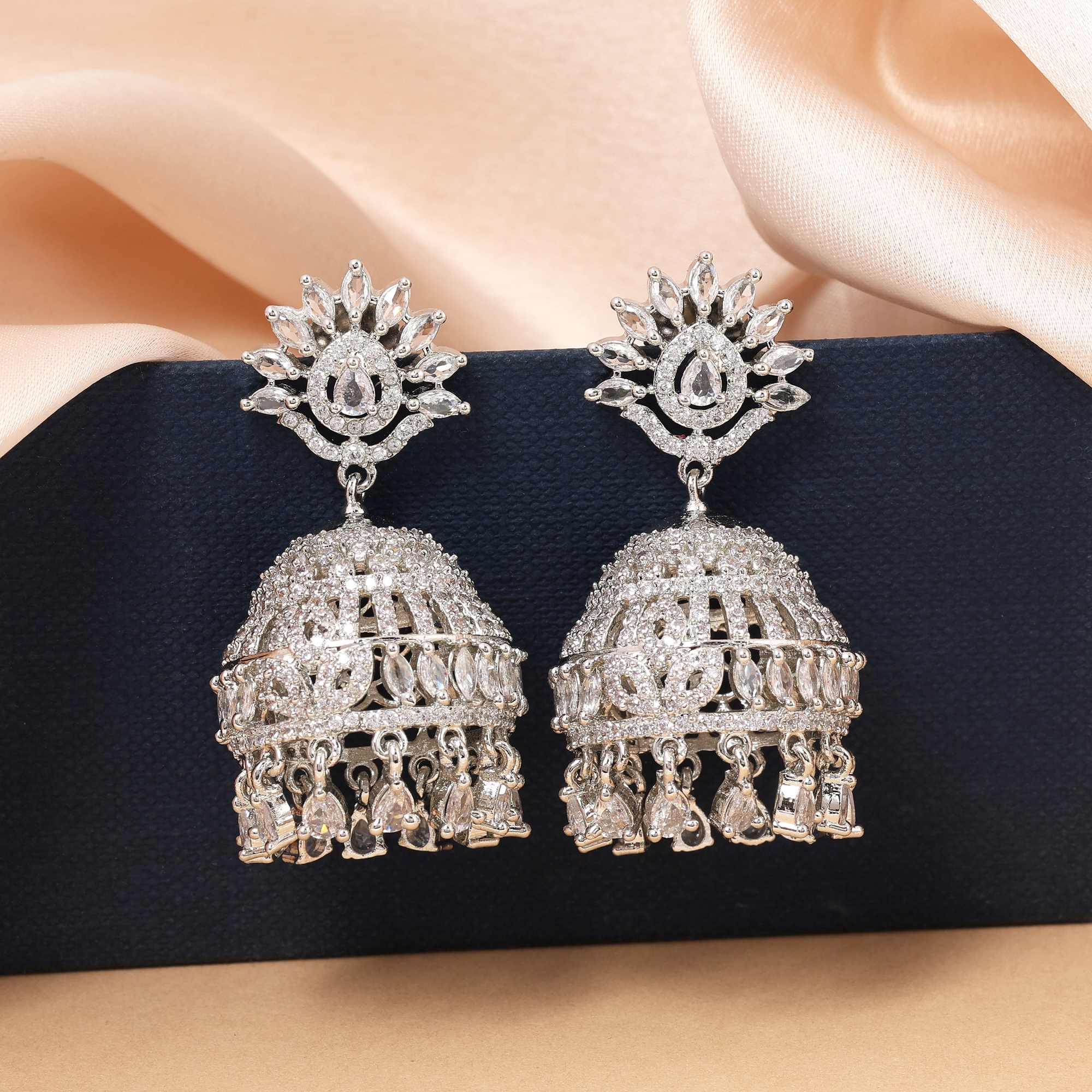 Silver Color Stylish Round Cut American Diamond Earrings For Brides And Party Wear