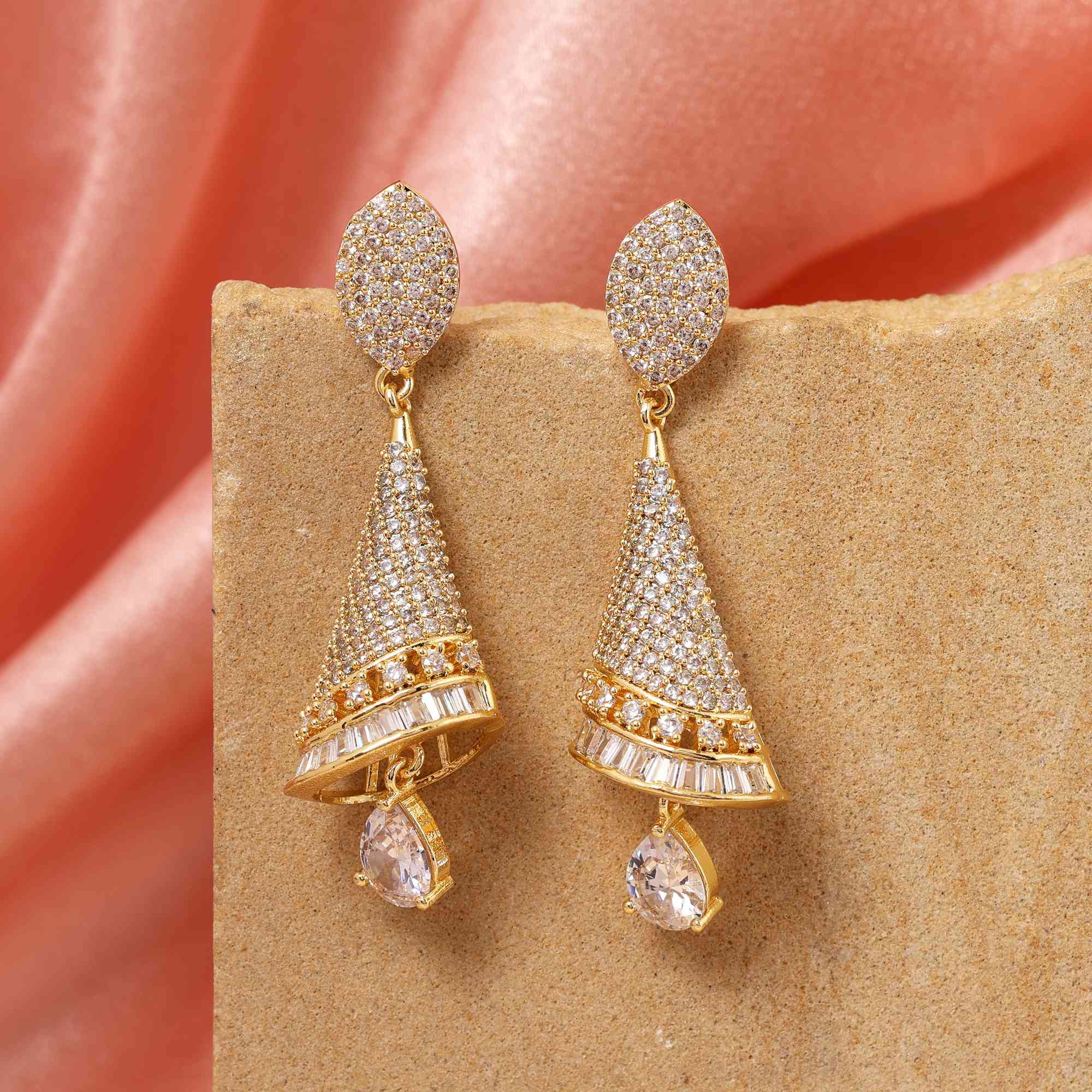 Gold Color Sparkling Shine American Diamond Earrings For Bridal And Cultural Events