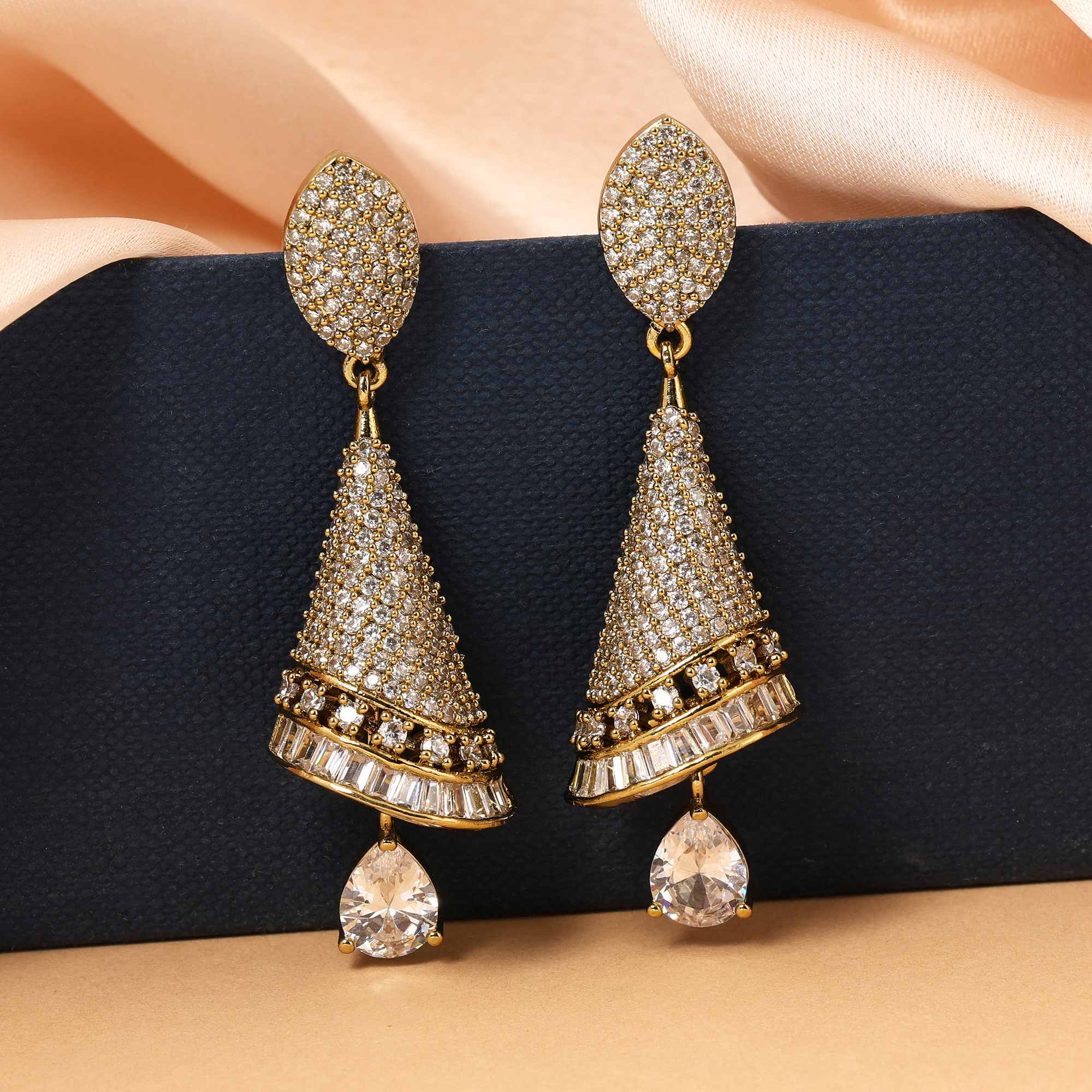 Mehendai Gold Color Unique Designer American Diamond Earrings For Festive And Party Look