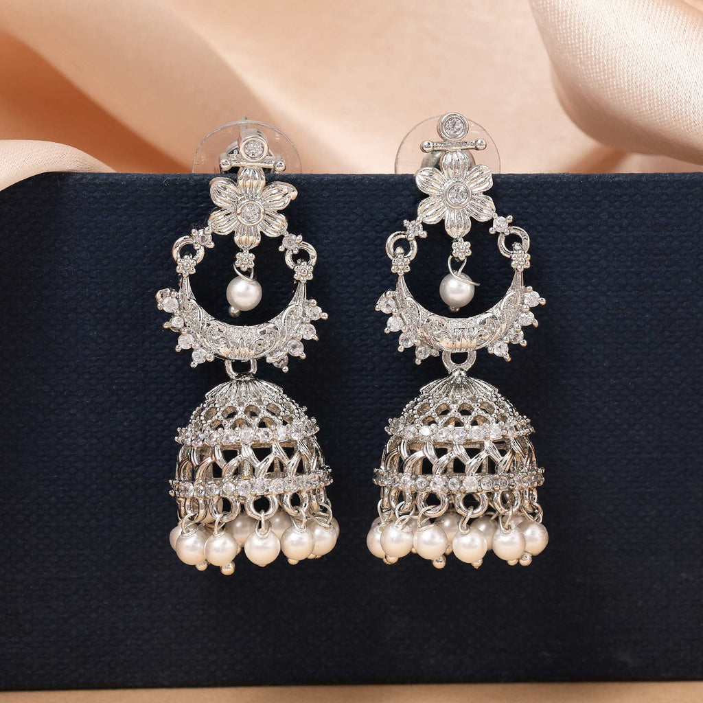 Silver Color Premium Finish American Diamond Earrings For Wedding And Casual Outfits