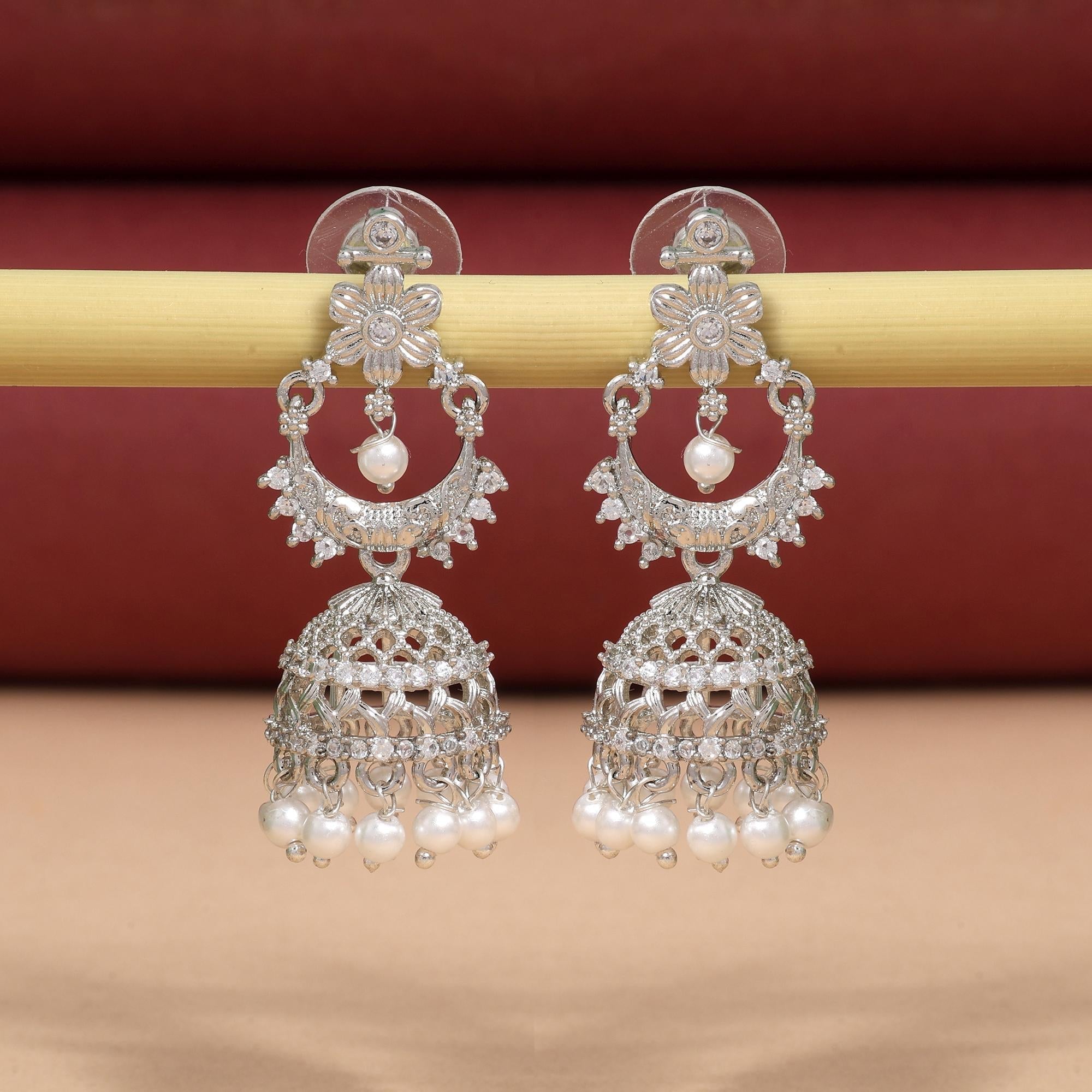 Silver Color Premium Finish American Diamond Earrings For Wedding And Casual Outfits