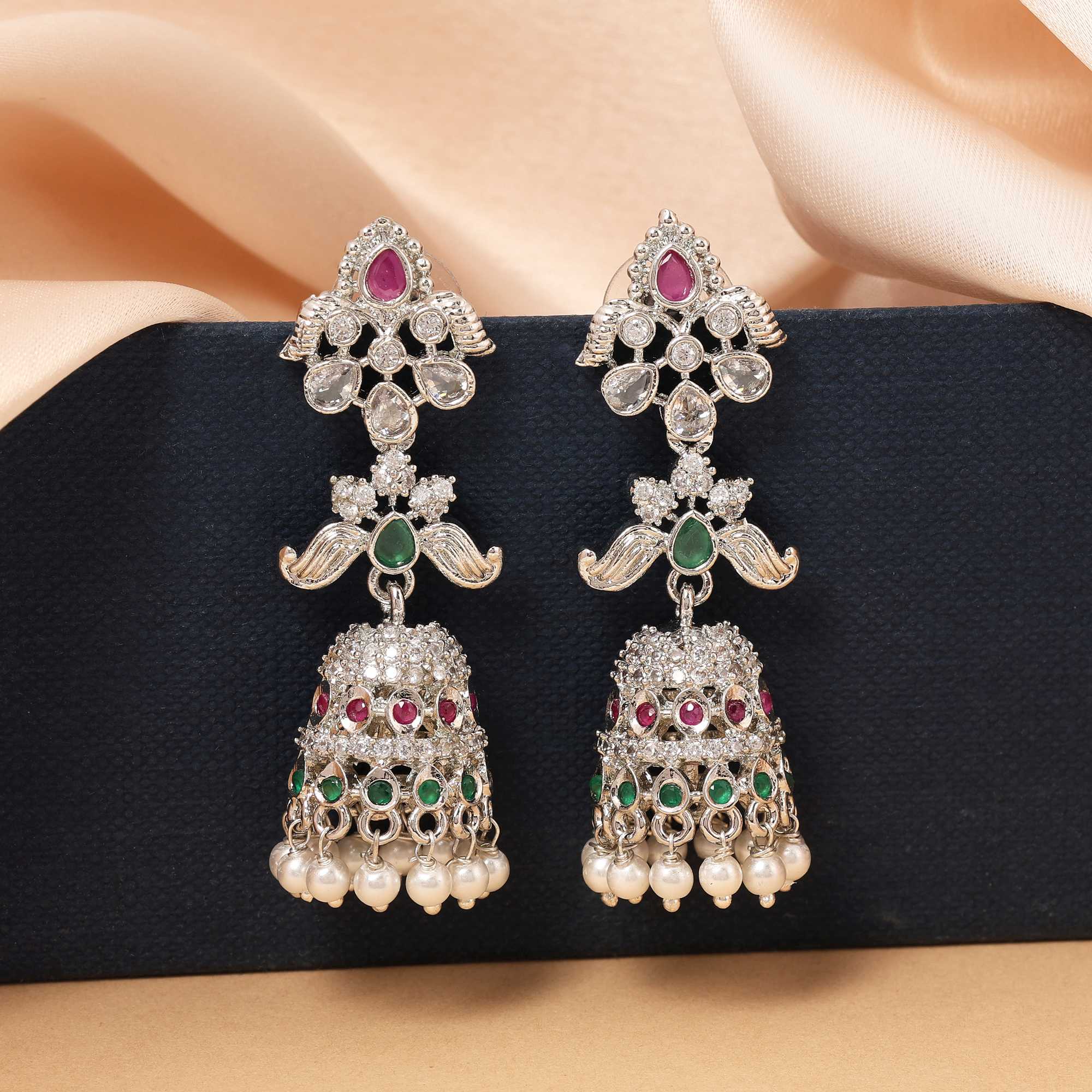 Rani & Green Color Shimmering Designer American Diamond Earrings For Festive Occasions