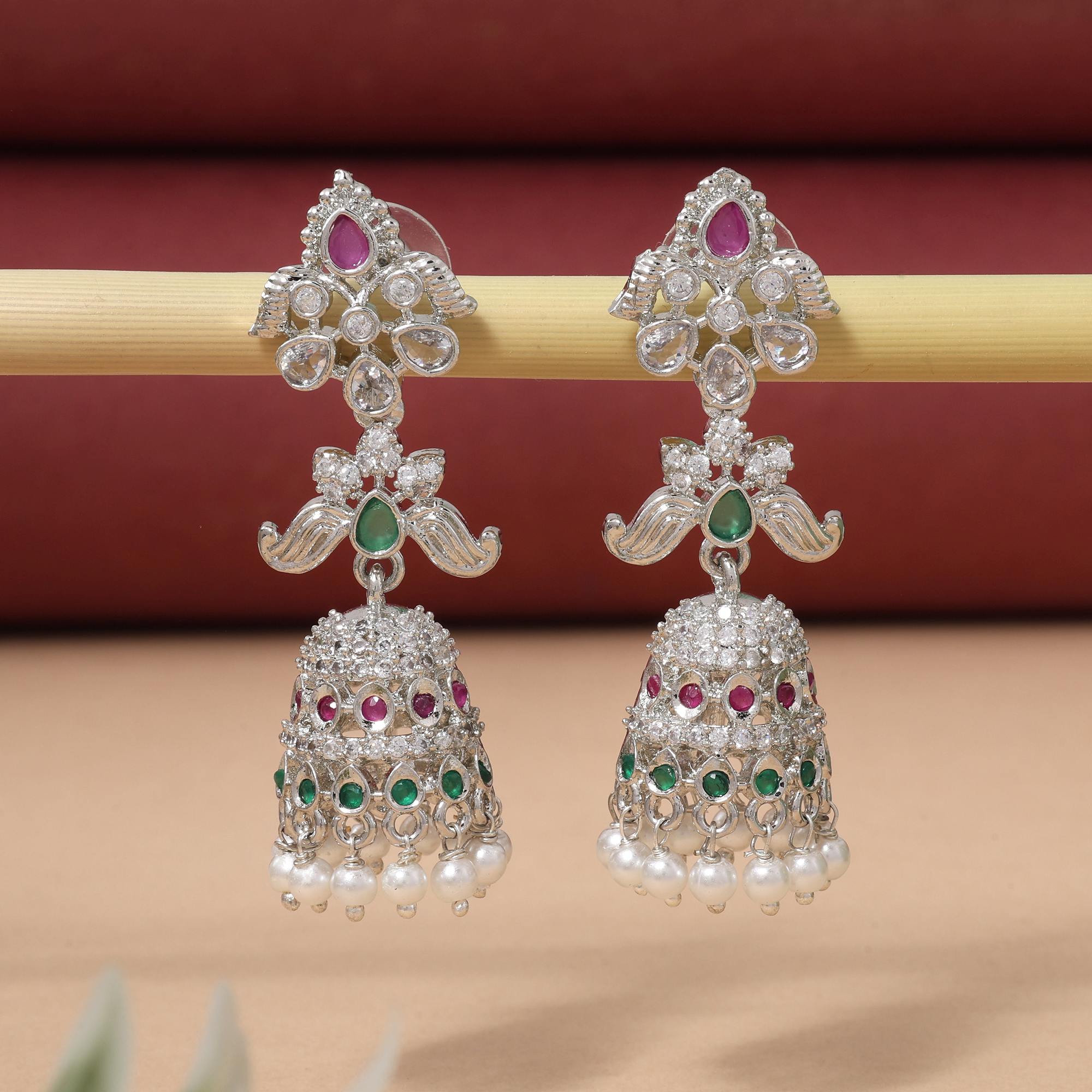 Rani & Green Color Shimmering Designer American Diamond Earrings For Festive Occasions