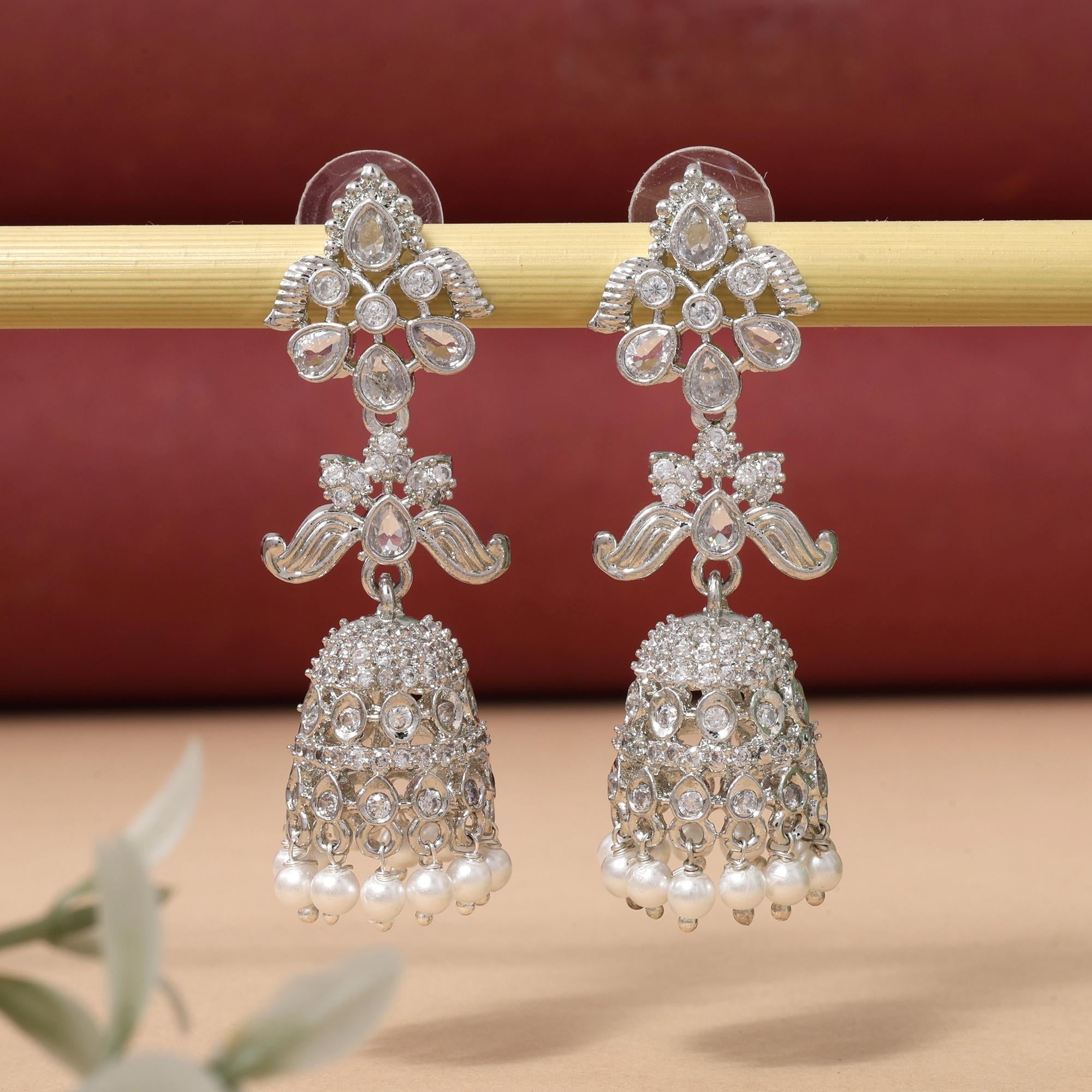 Silver Color Beautiful Designer American Diamond Earrings For Brides And Modern Attire