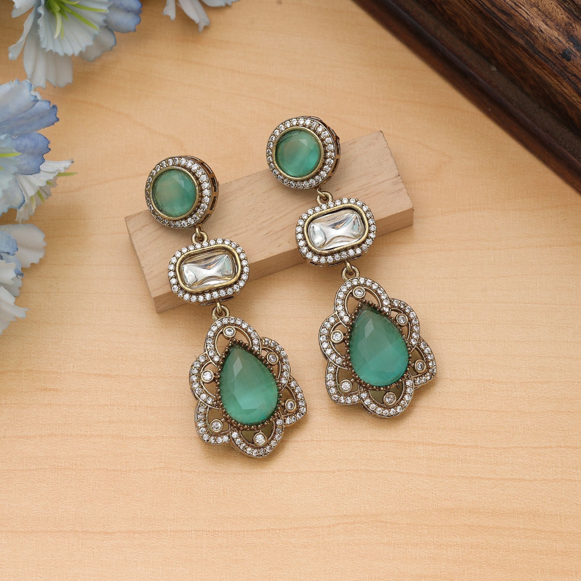 Pista Green Color American Diamond Earrings Festive Wear