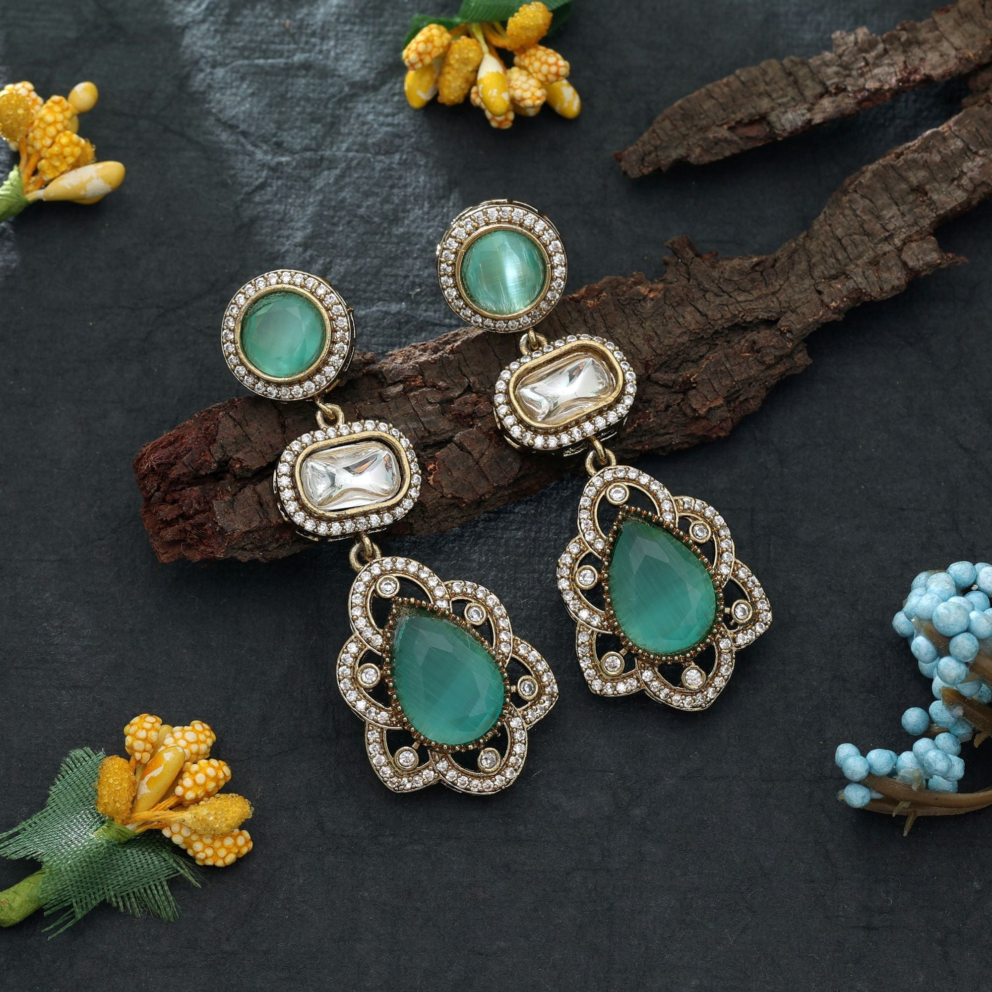 Pista Green Color American Diamond Earrings Festive Wear