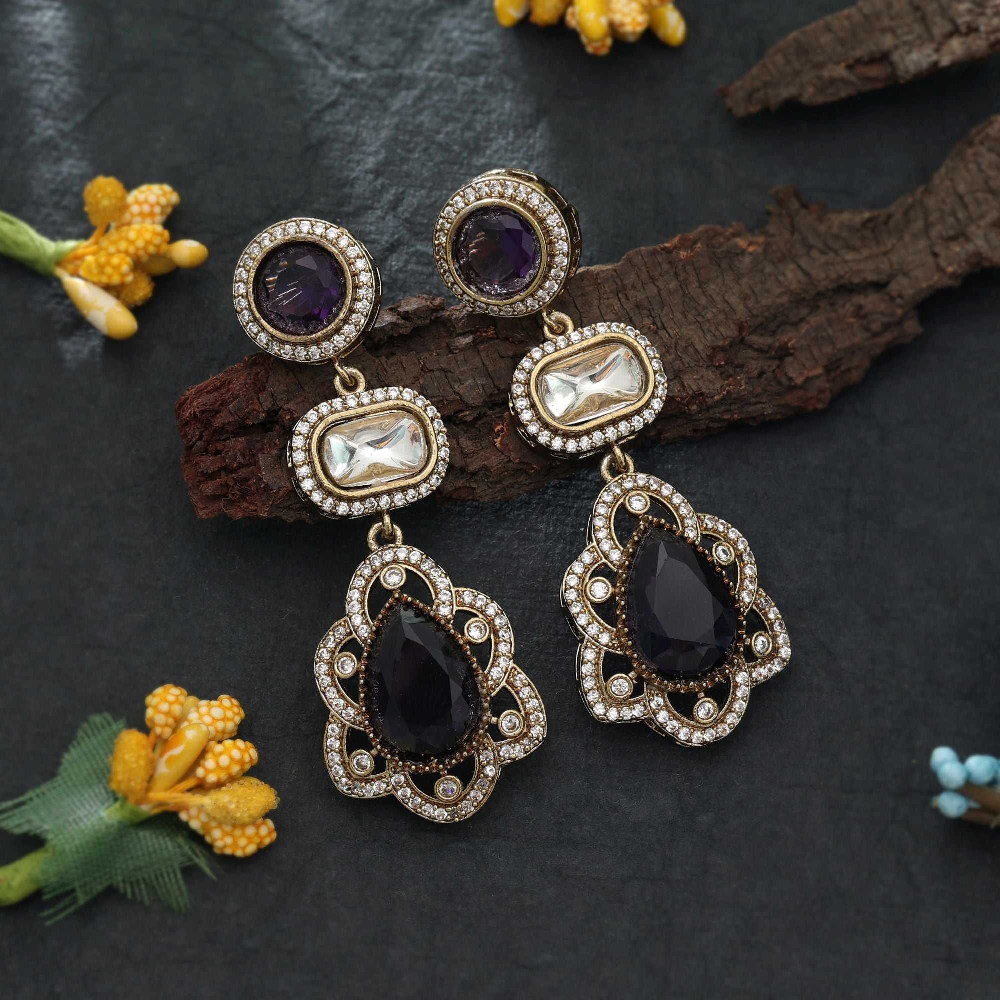 Purple Color American Diamond Earrings Party Wear