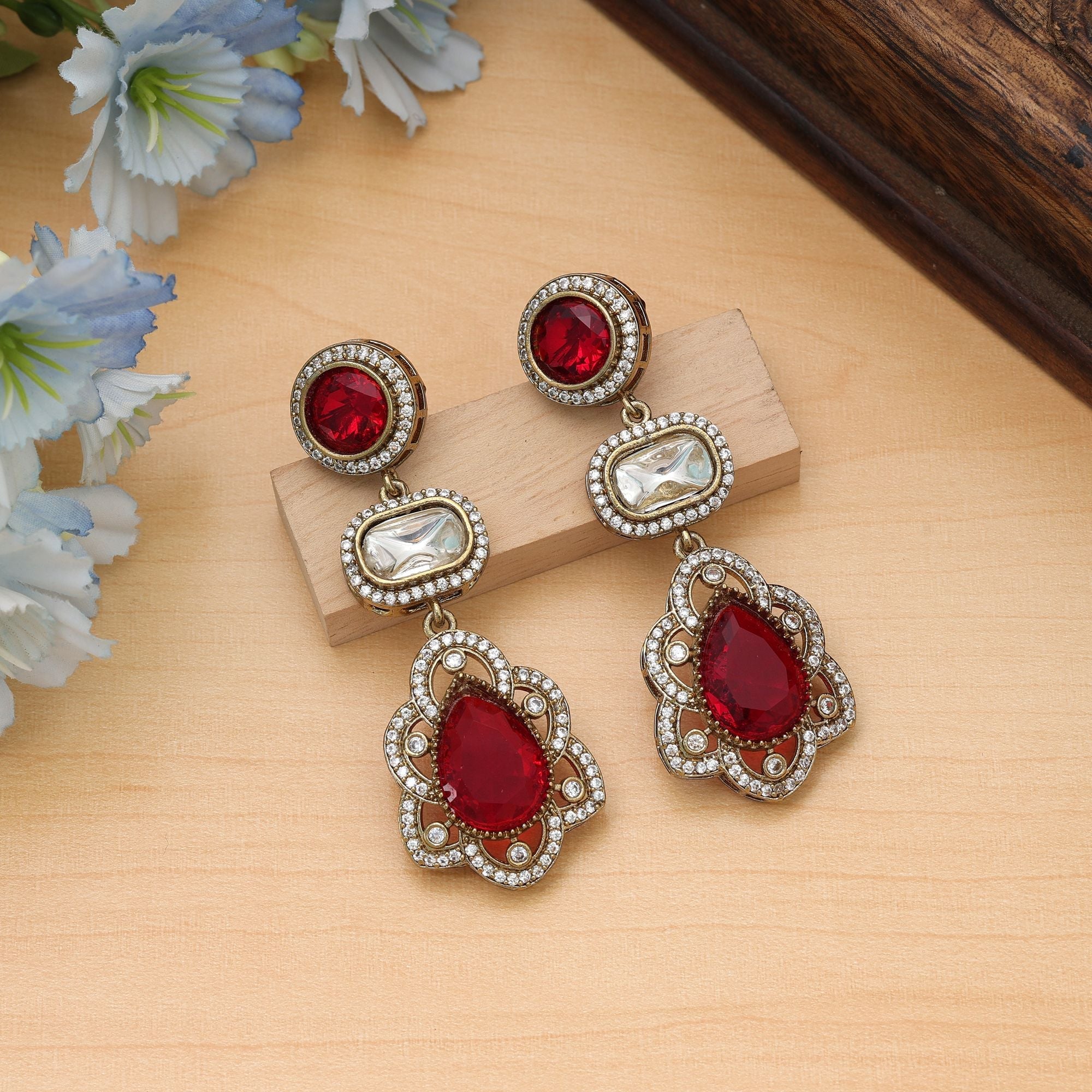 Red Color American Diamond Earrings Party Wear